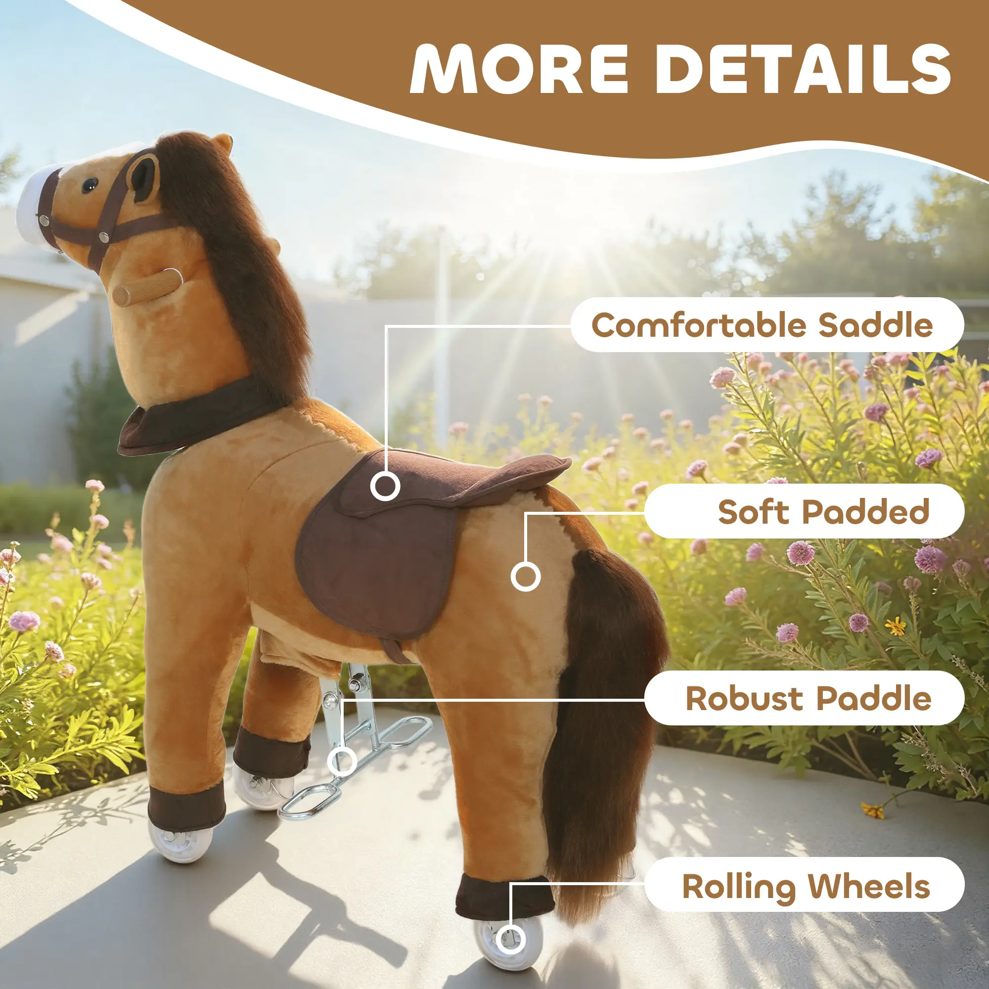 Ride on Horse, Plush Riding Pony for Ages 3-5, Walking Horse Animal with Wheels for Active Play, Dark Brown
