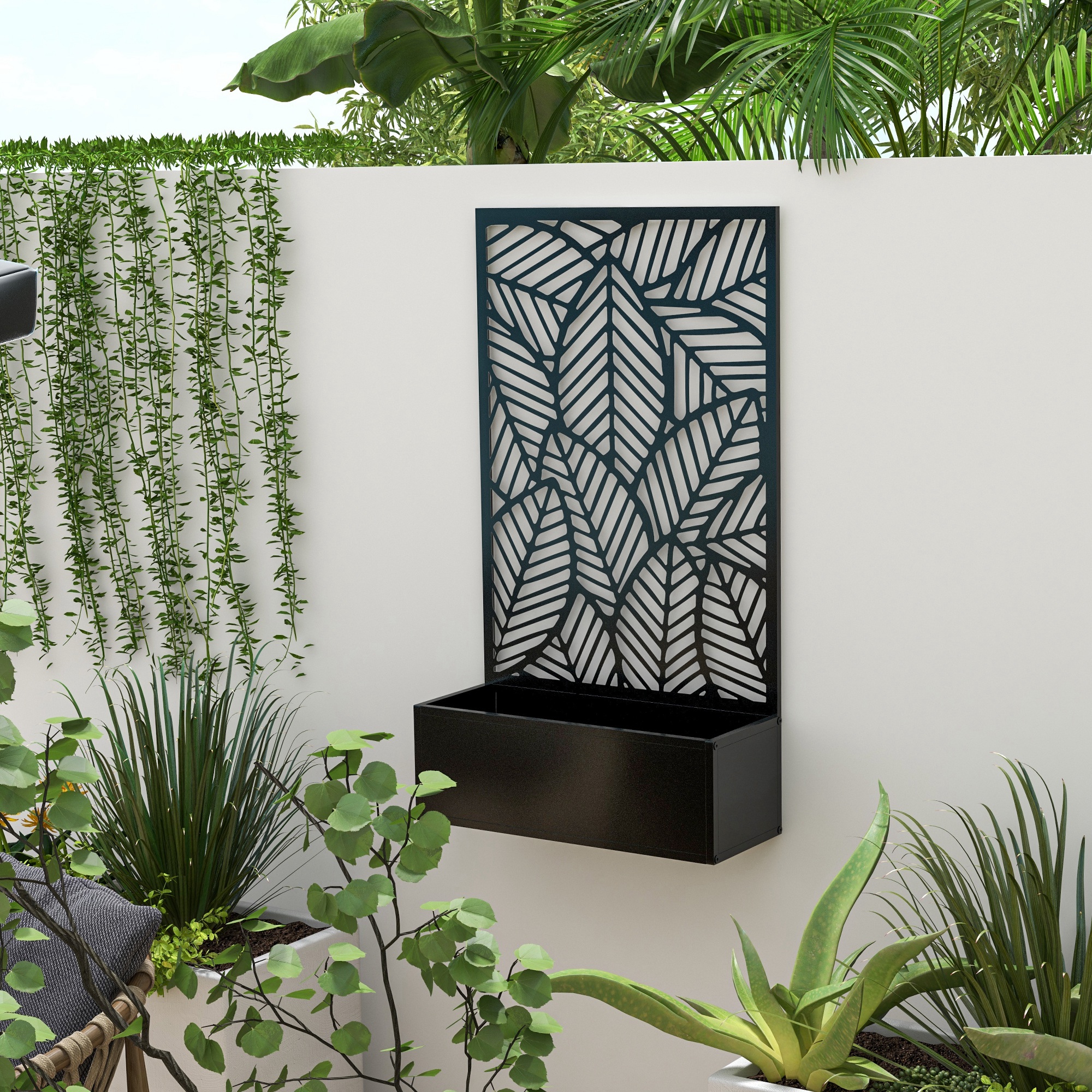  Metal Outdoor Privacy Screen with Raised Garden Bed, Privacy Panel and Planter Box, Wall-Mounted or Freestanding, Black