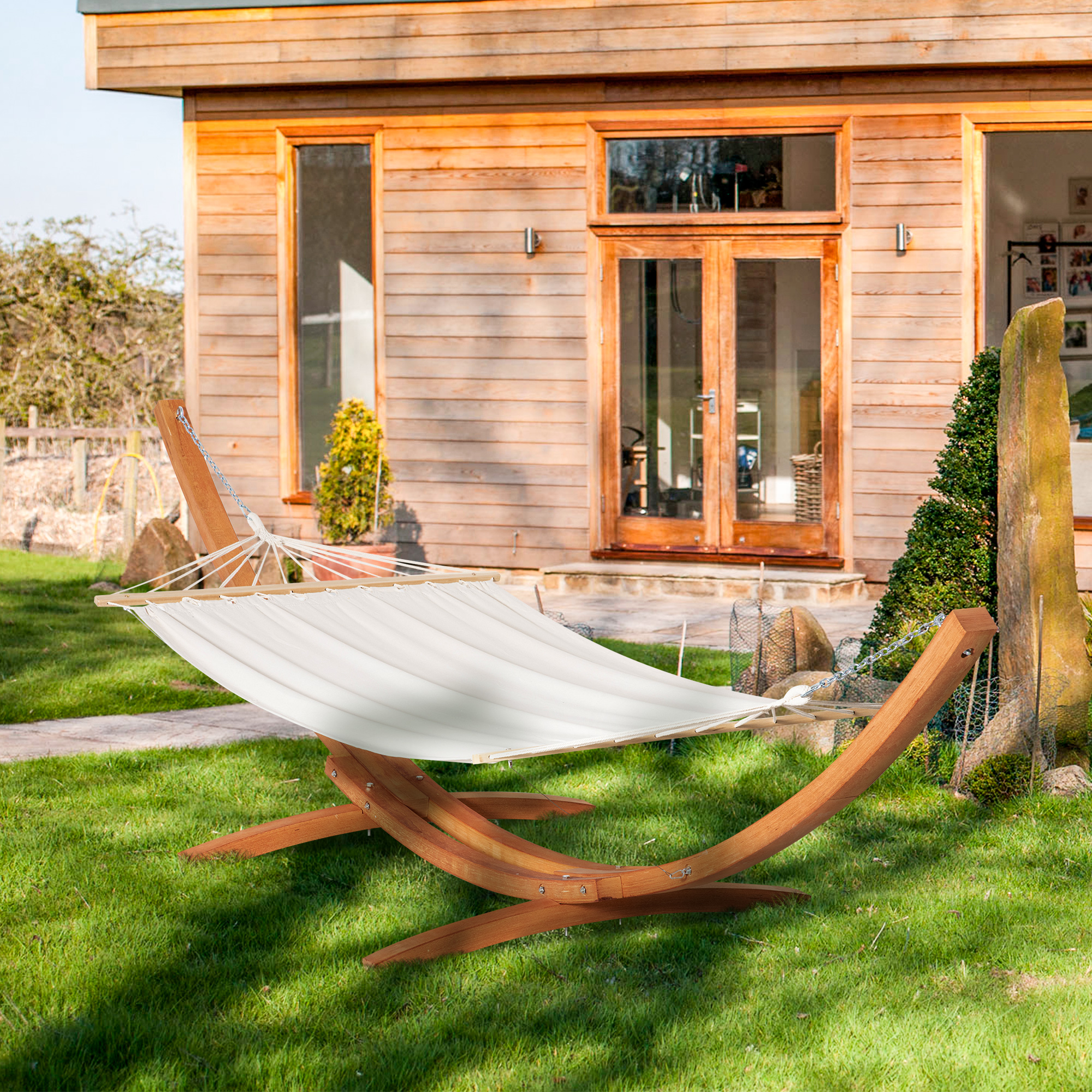 Outdoor Hammock with Stand, Extra Large Heavy Duty Wooden Frame, No Tree Needed, 12.8 Indoor Outside Boho Style Nap Bed, Natural Cotton, White