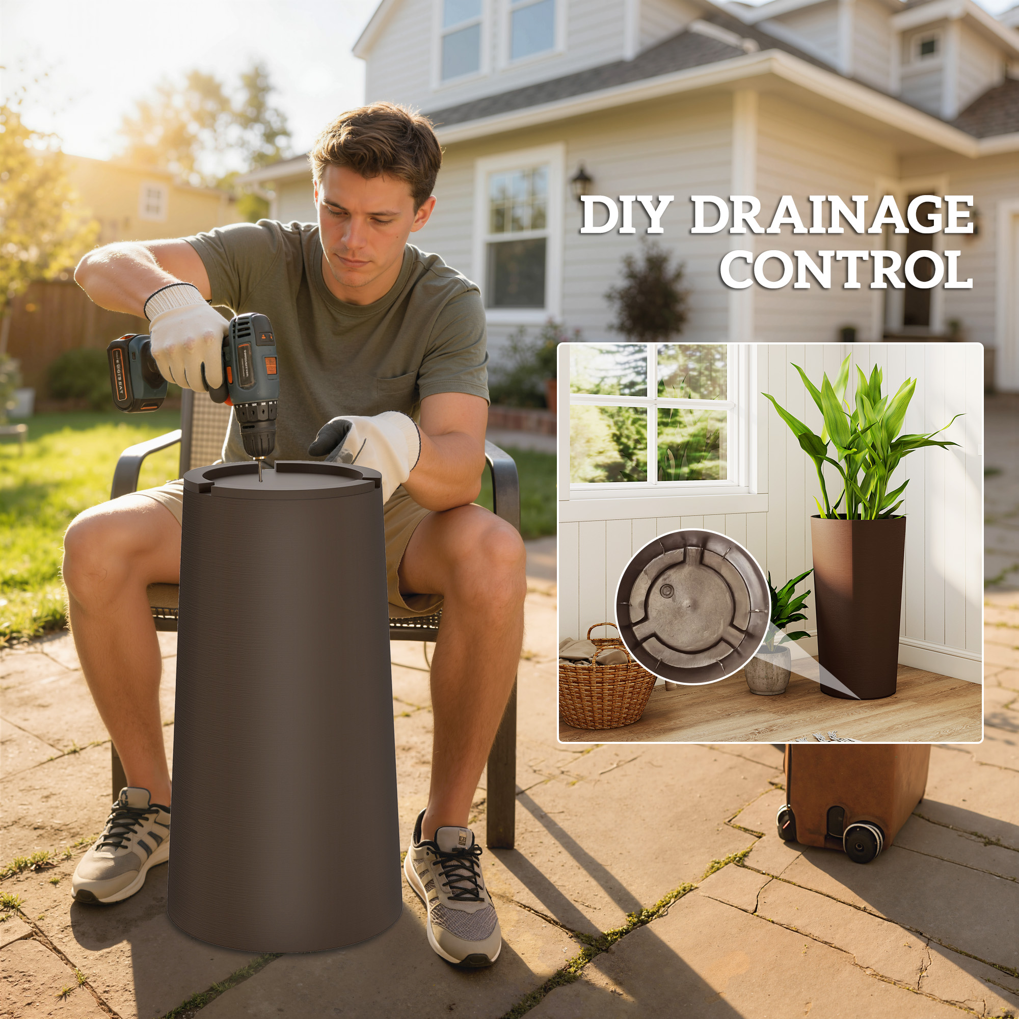  29 Inch Outdoor Planter, Set of 2 Plastic Flower Pots, Weather and UV Resistant Stackable Large Planters, Brown