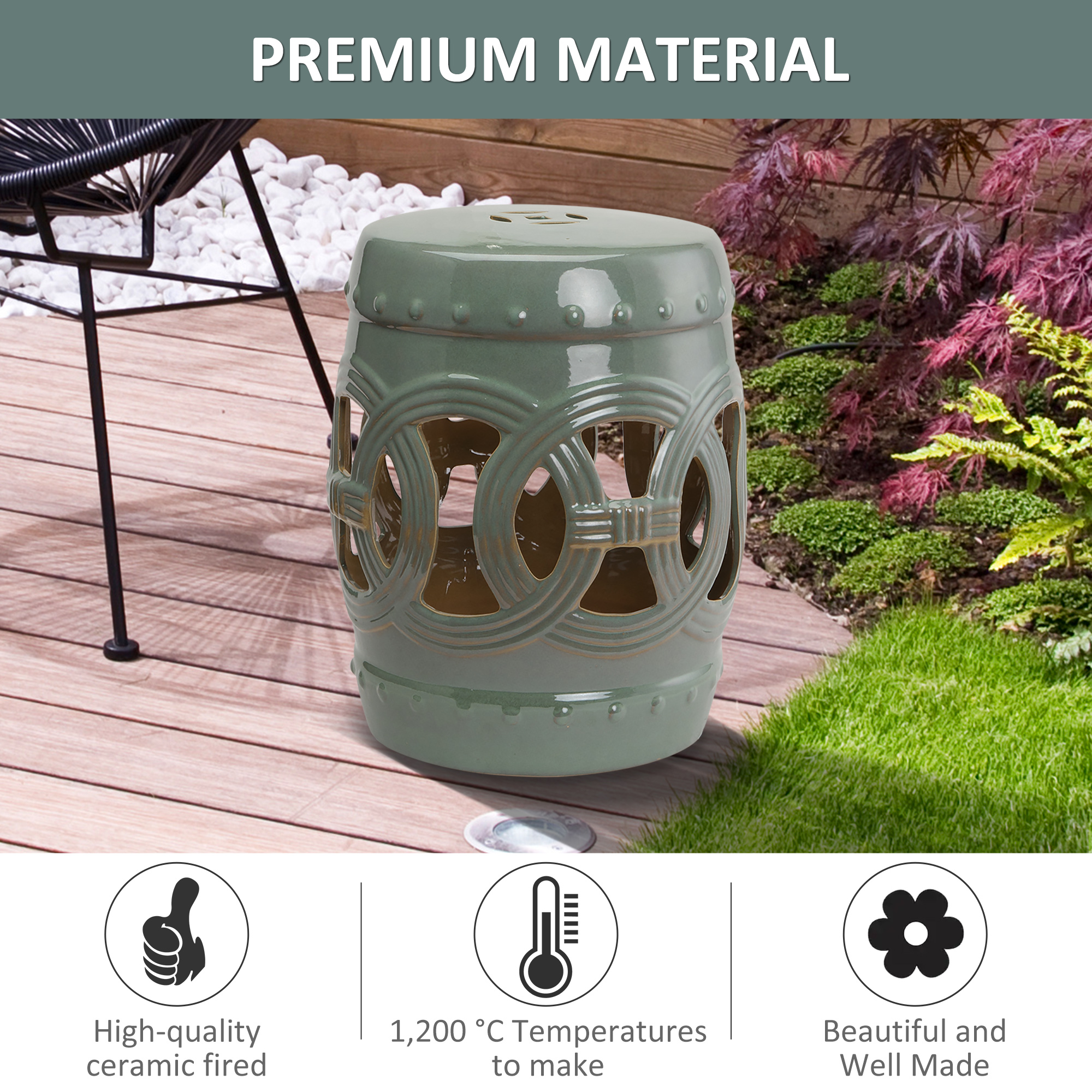 14" x 17" Ceramic Garden Stool with Double-Coin Knotted Ring Design & Strong Glazed Material, Decorative Outdoor Stool, Home Collection, Green
