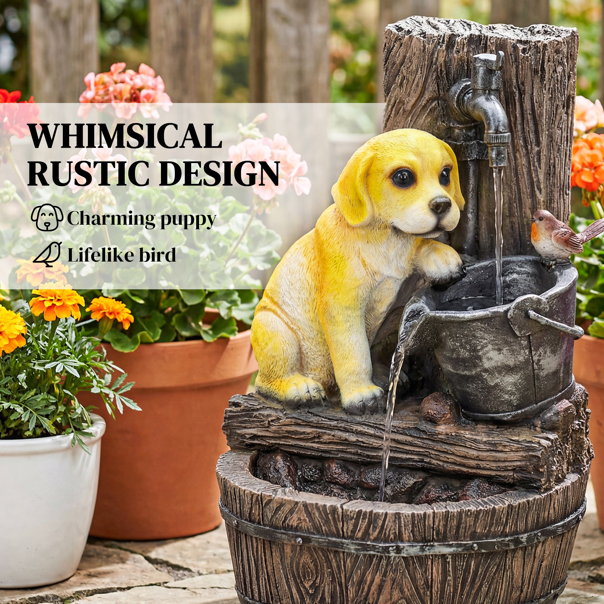  22" Outdoor Fountain with 3-Tier Puppy Theme, Resin Garden Fountain with LED Lights, Adjustable Flow, Rustic Brown