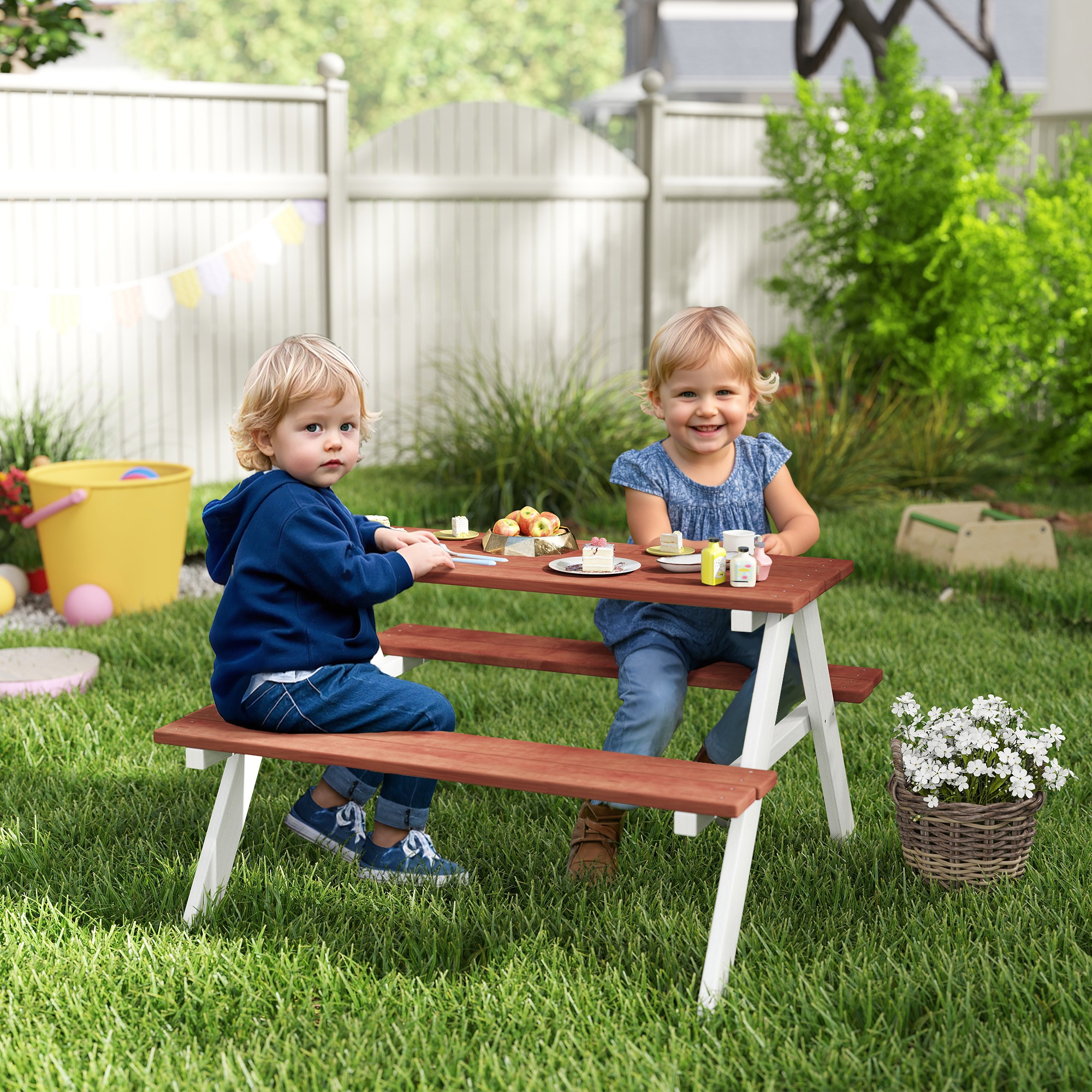  Kids Picnic Table Set, Wooden Table & Bench Set, Kids Patio Furniture Outdoor Toys for Garden, Backyard, Aged 3-8 Years Old, Brown - Image 1