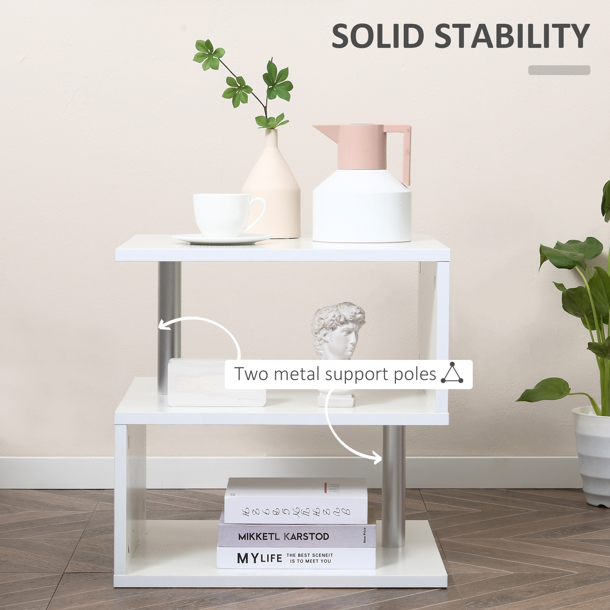  20" Modern S-Shaped Multi-Level Accent End Table Shelf with Steel Poles, White