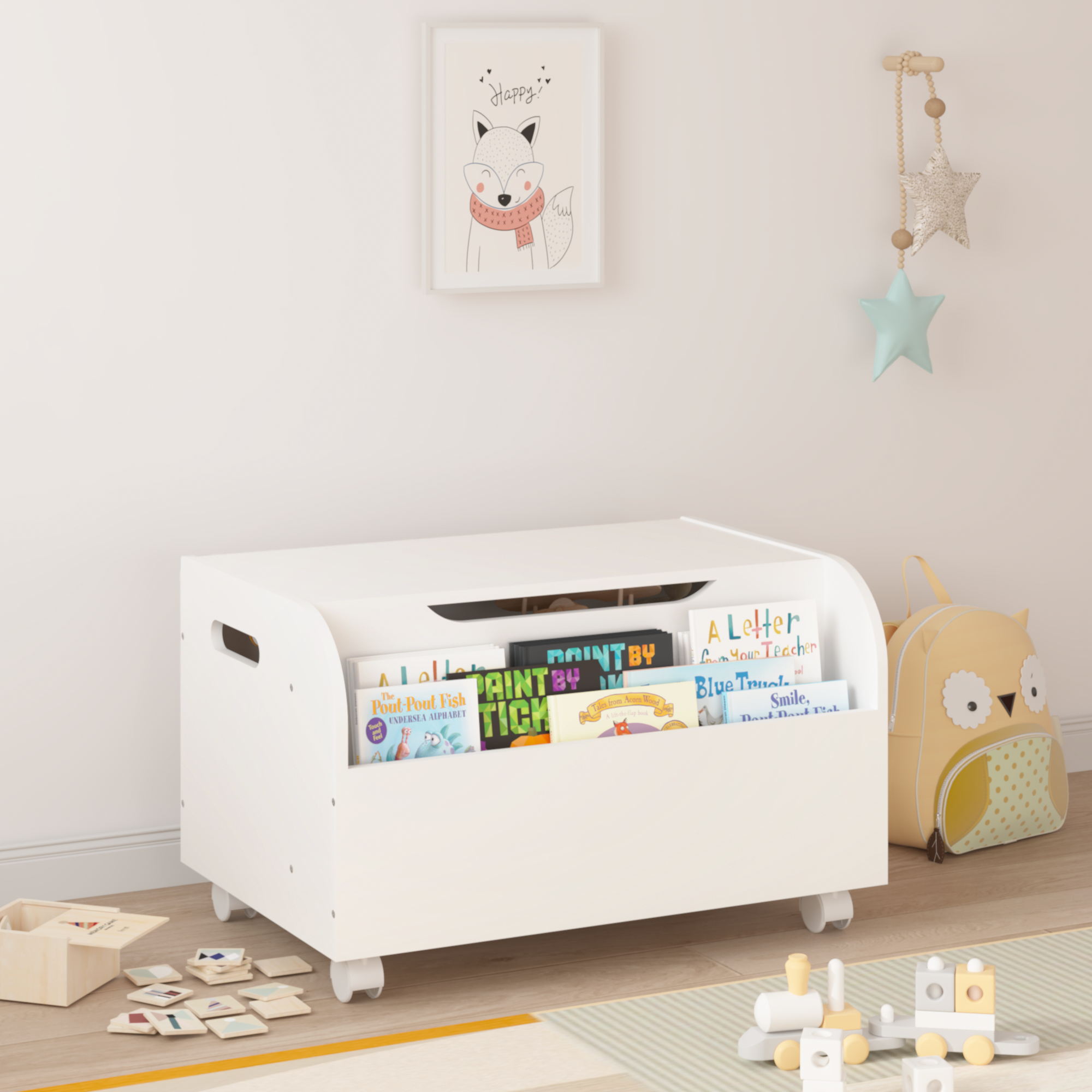 Wooden Toy Box With 4 Universal Wheels, Kids Toy Storage Organizer With Front Bookshelf, Flip-Top Lid, Safety Hinge, Boys Girls Toy Chest Bench For Playroom Kids Room Organization White