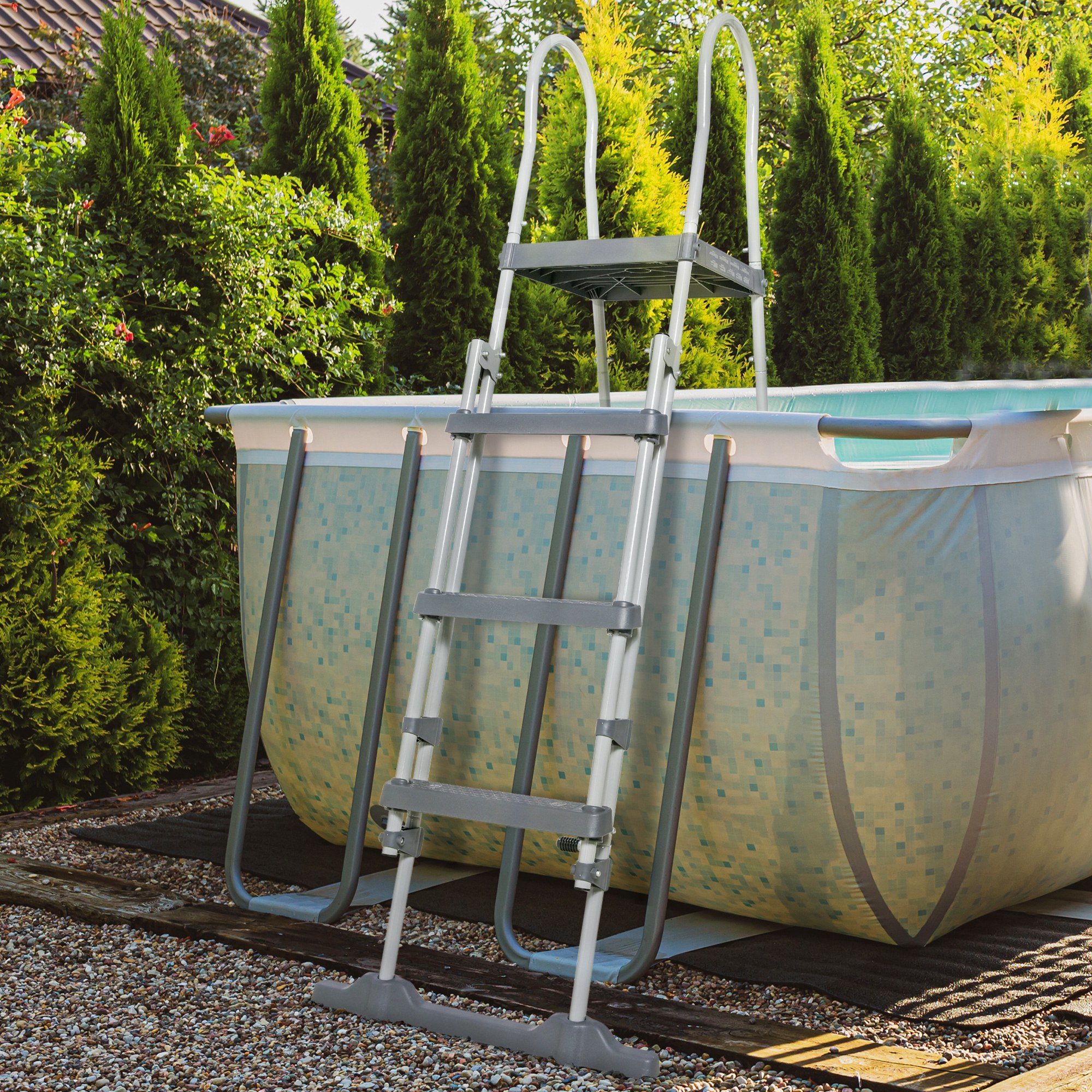  70" Above Ground Swimming Pool Ladder, A-Frame Deck Ladder with Top Platform, Non-slip Steps & Rounded Handrails for 48" Pool Wall Height, Gray