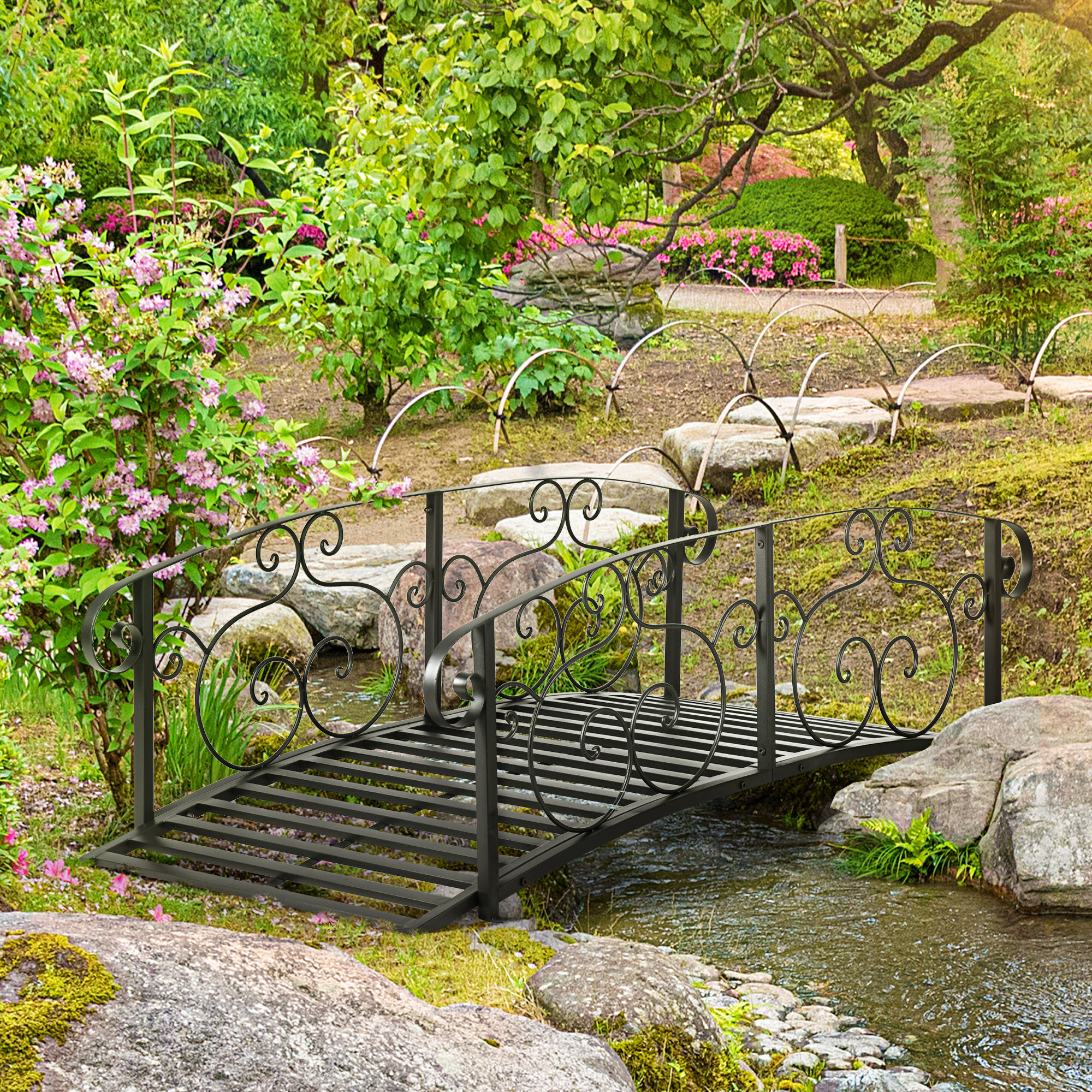 6 Metal Arch Backyard Garden Bridge, Safety Siderails, Arc Footbridge for Backyard Creek, Stream, Pond