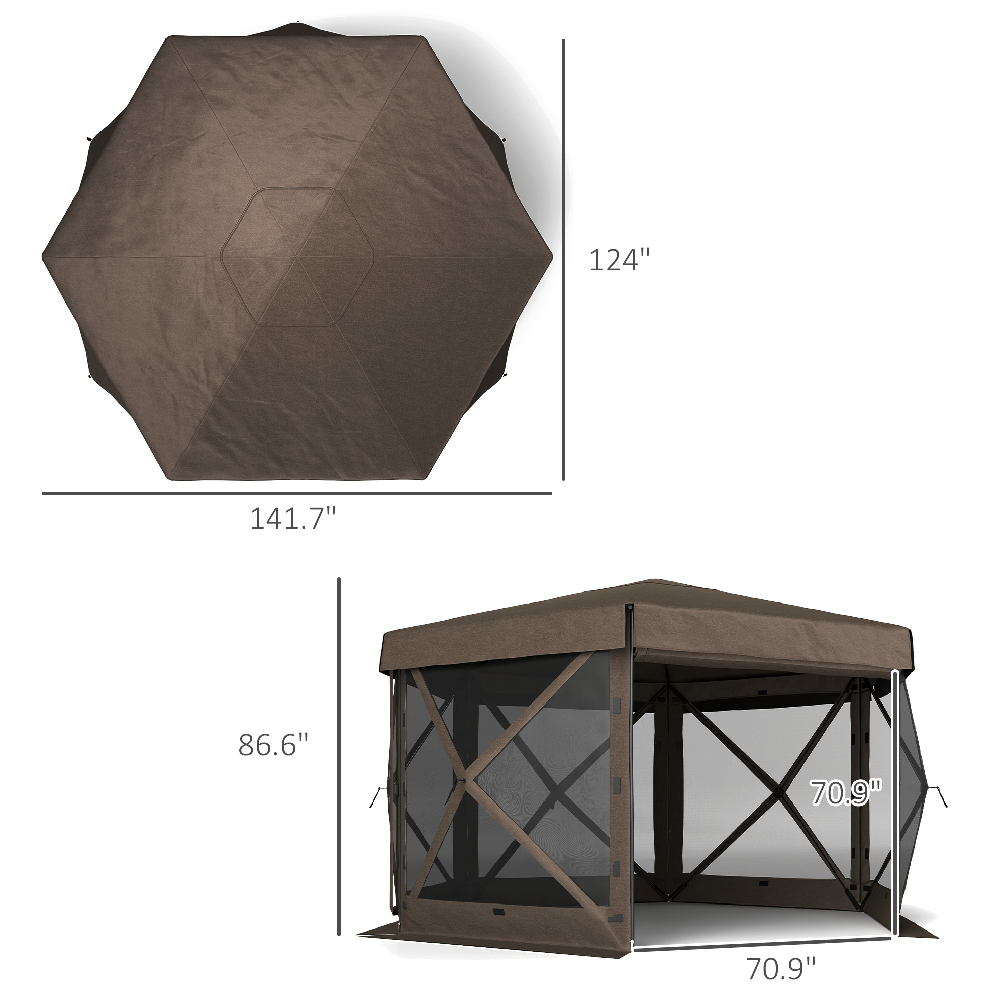  12' x 12' Hexagonal Pop Up Gazebo Canopy Tent with 5 Sidewalls, Outdoor Canopy Shelter with Carry Bag, Brown