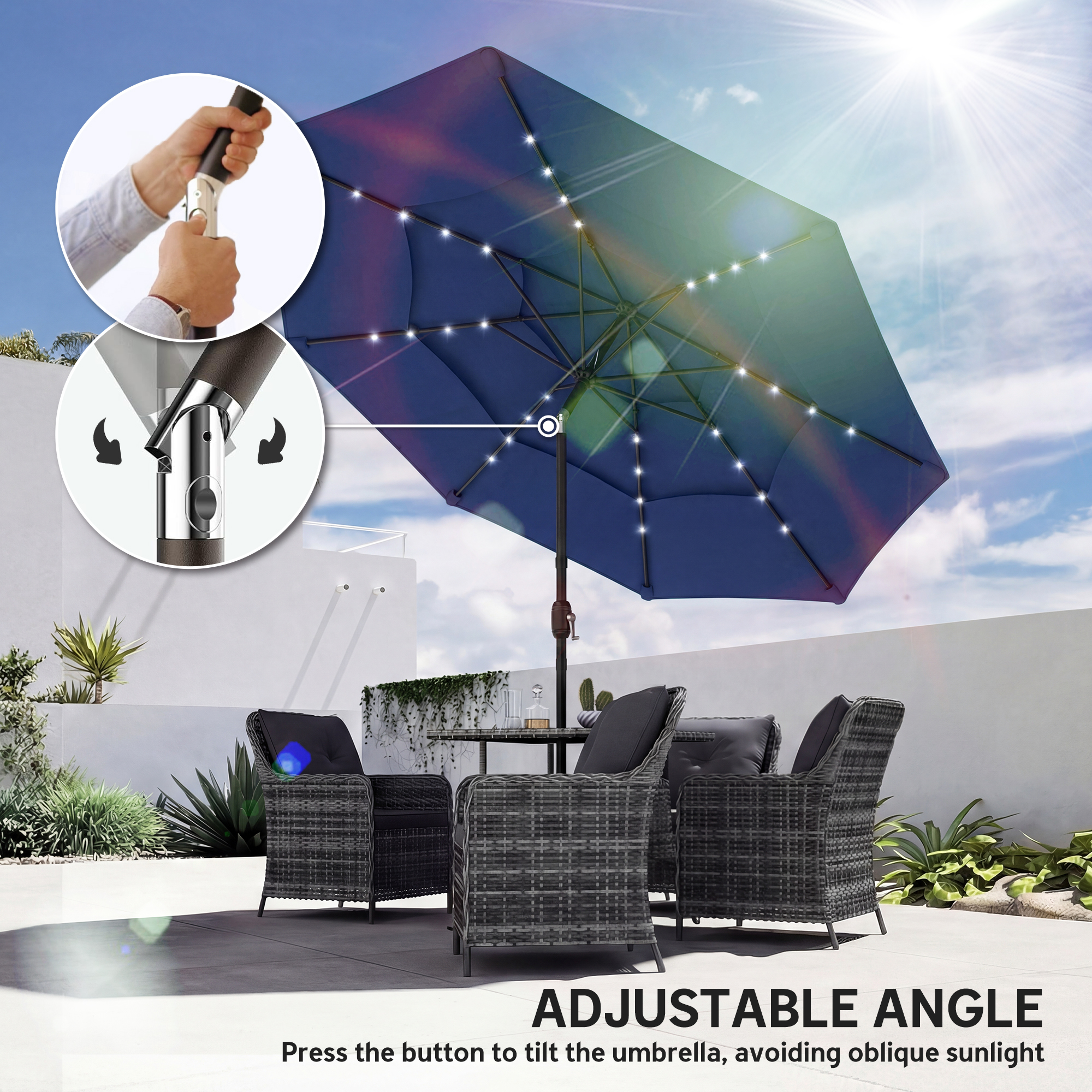  9.7 ft Outdoor Patio Umbrella with Solar LED Lights, 3 Tier Outdoor Table Umbrella with Tilt, Crank, Navy Blue