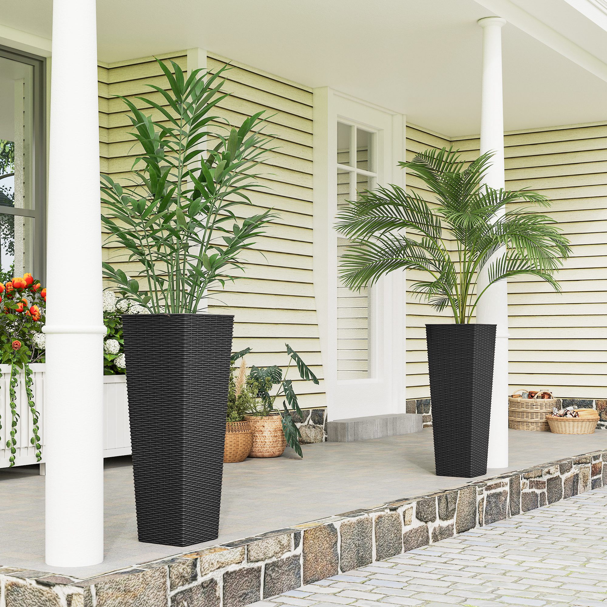  32 Inch Tall Planters for Outdoor Plants, Set of 2 Plastic Flower Pots with Drainage Holes, Black