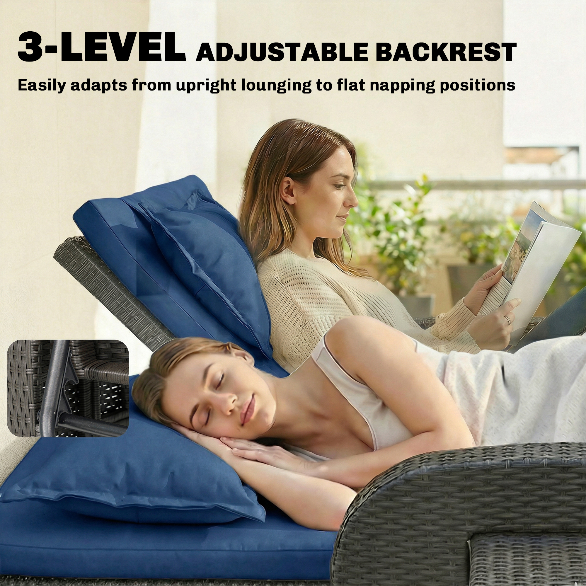  Patio Rattan Daybed, Wicker Outdoor Daybed with Storage Ottoman, Loveseat w/ Adjustable Backrest, Side Tables, Navy Blue