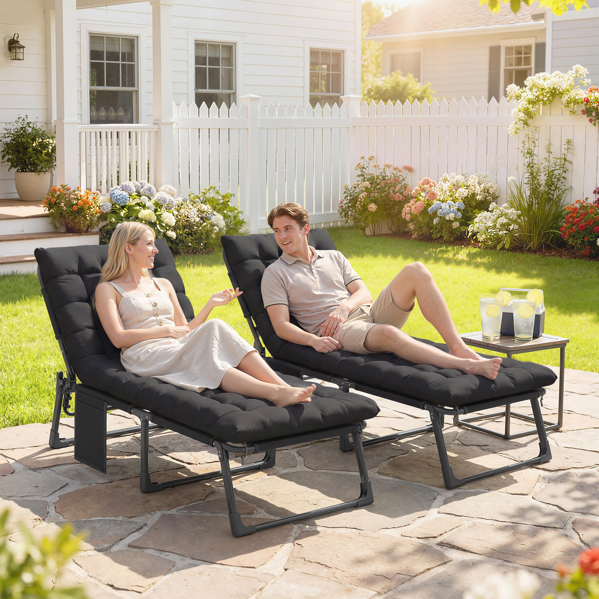  Folding Chaise Lounge Chair Outdoor Tanning Chair Set of 2 with 5-Position Backrest, Cushions, Side Pocket, Black