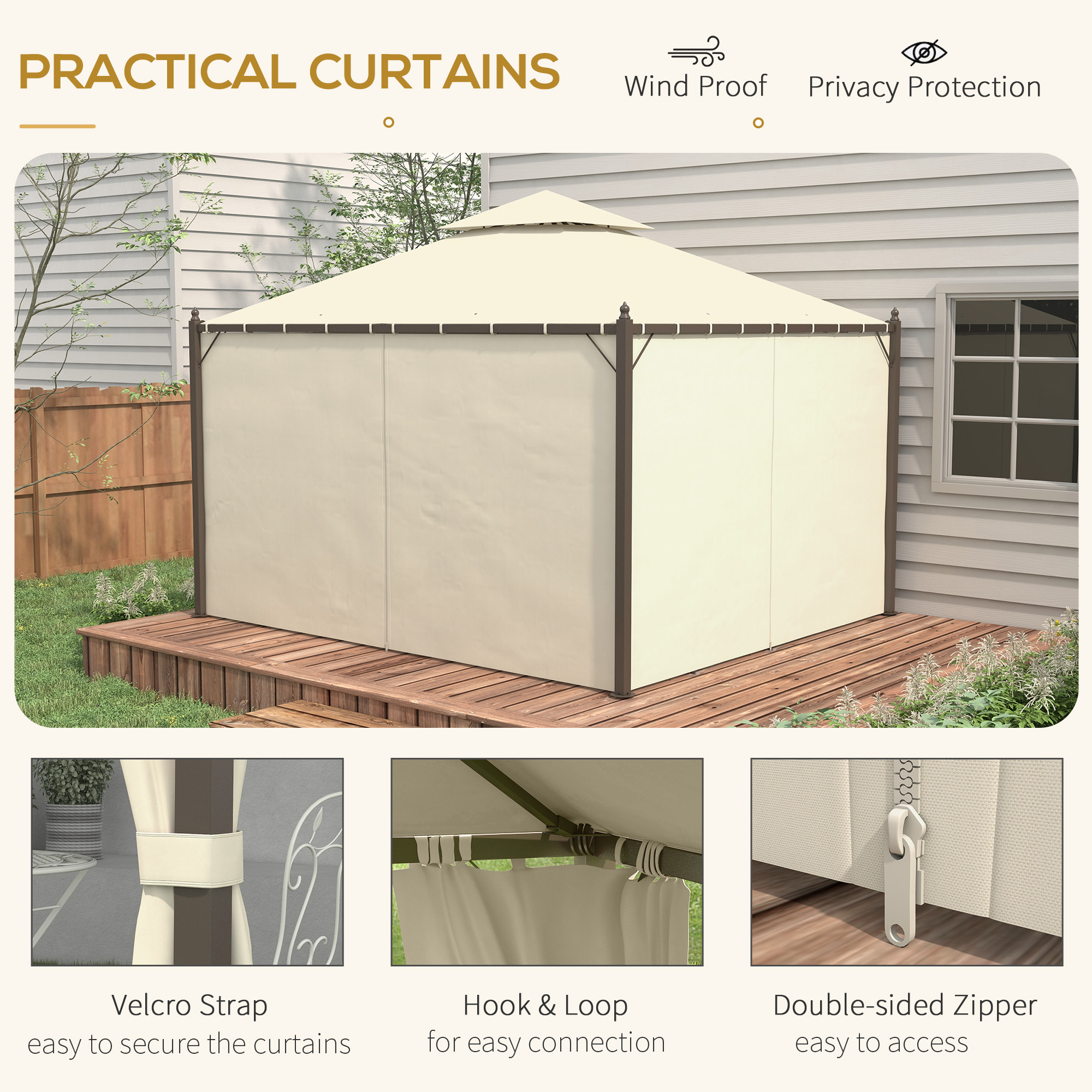  10' x 12' Outdoor Patio Gazebo with Curtains, Two-Tier Roof, Beige