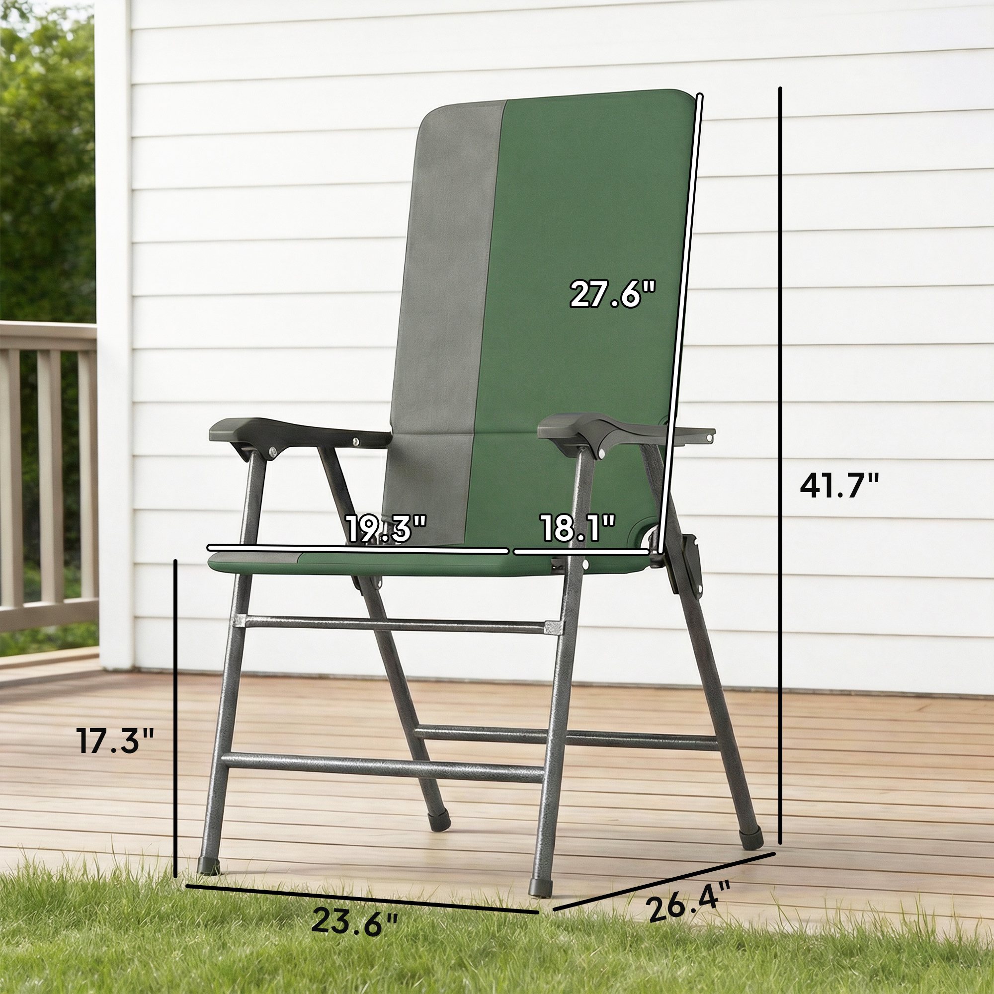  Folding Patio Chairs Set of 2, Padded High Back Lawn Camping Chairs with Armrests, 600D Oxford Fabric, Dark Green