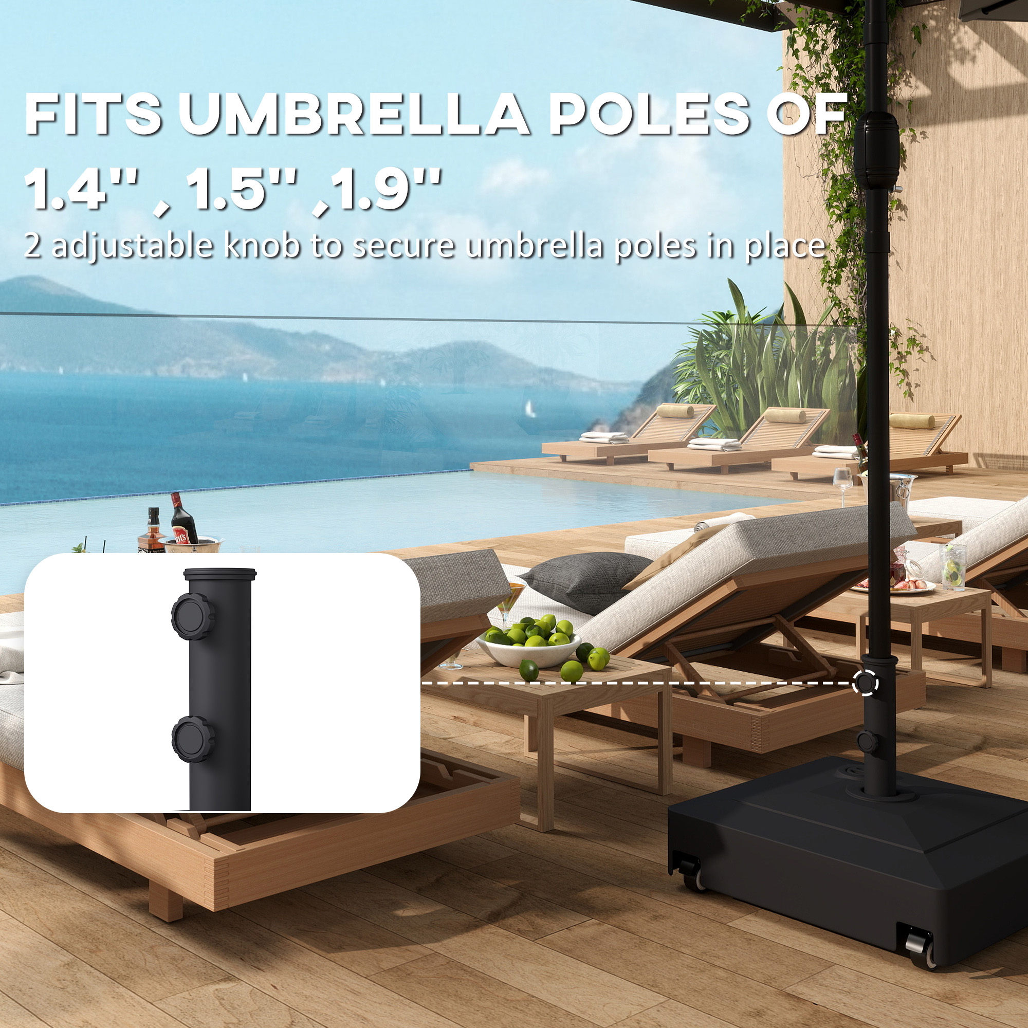  Patio Umbrella Base with Wheels, 134 lbs Stand/88 lbs Water Filled Outdoor Umbrella Stand for 1.38/1.5/1.89" Pole, Black