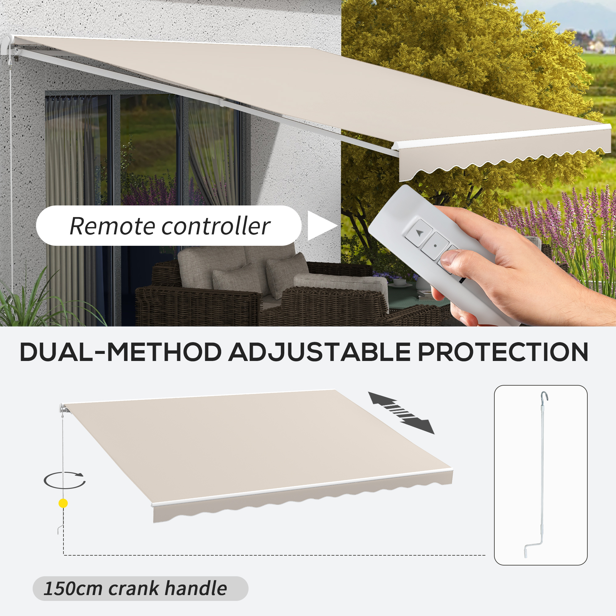  16'x10' Electric Retractable Awning Sunshade Shelter with Remote Controller & Crank Handle for Deck Balcony Yard, Cream