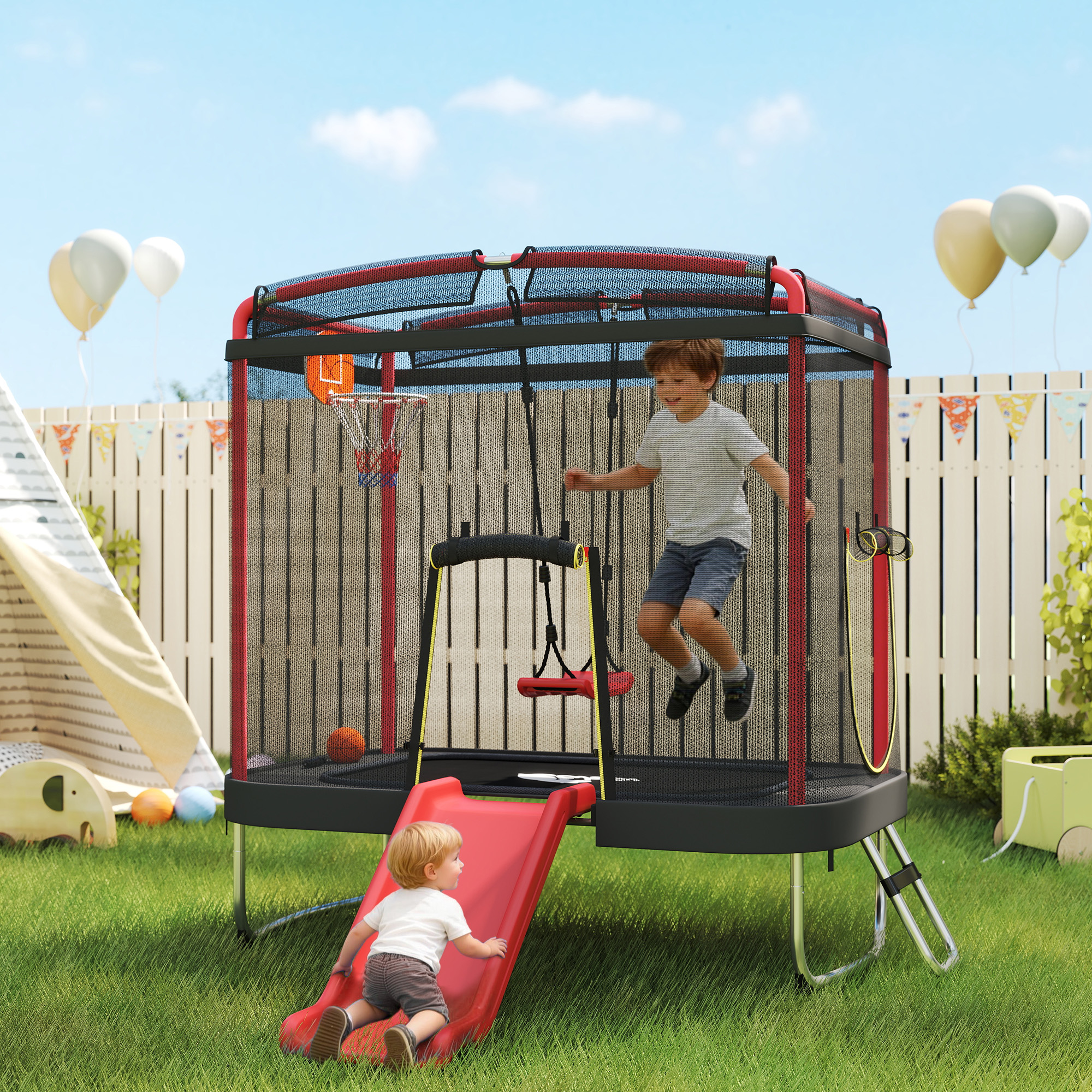 4 x 6FT Trampoline for Kids Indoor & Outdoor with Slide, Swing, Basketball Hoop and Safety Enclosure, Red - Image 1