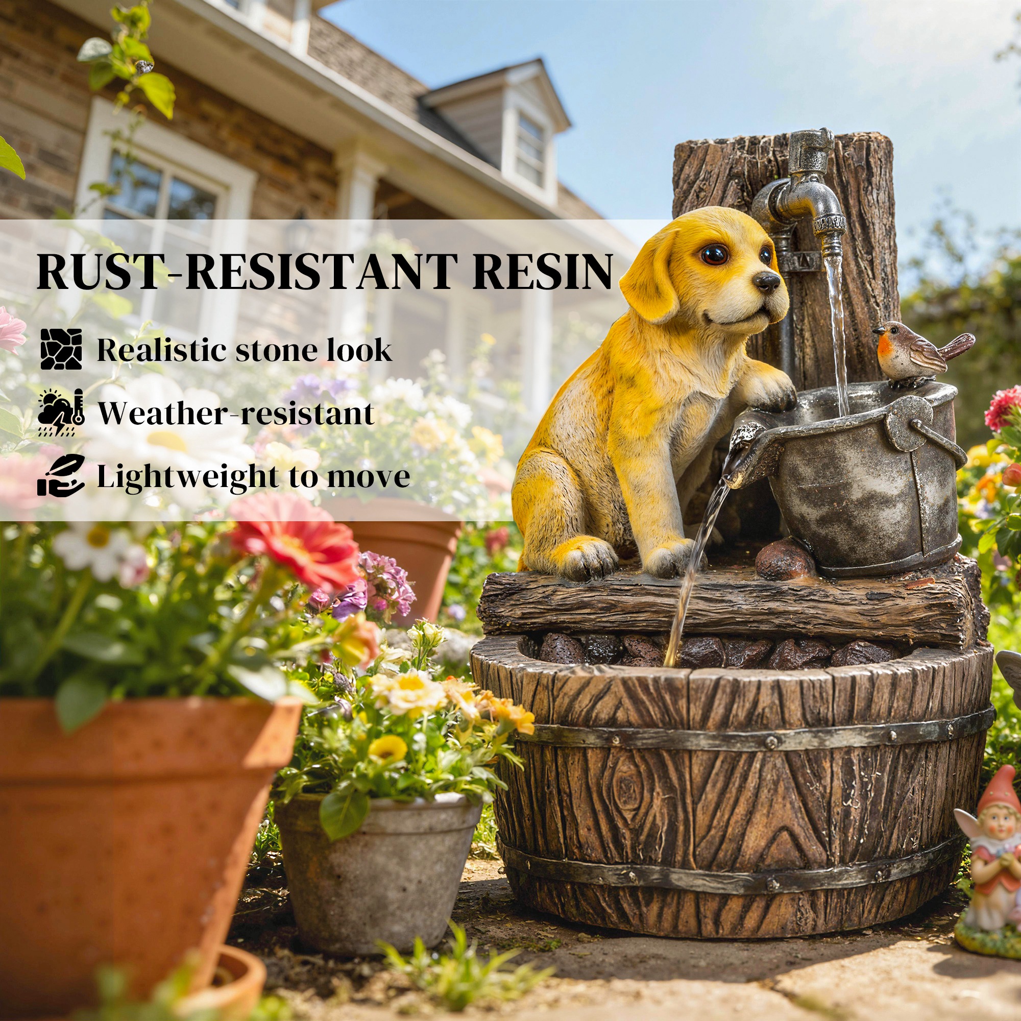  22" Outdoor Fountain with 3-Tier Puppy Theme, Resin Garden Fountain with LED Lights, Adjustable Flow, Rustic Brown