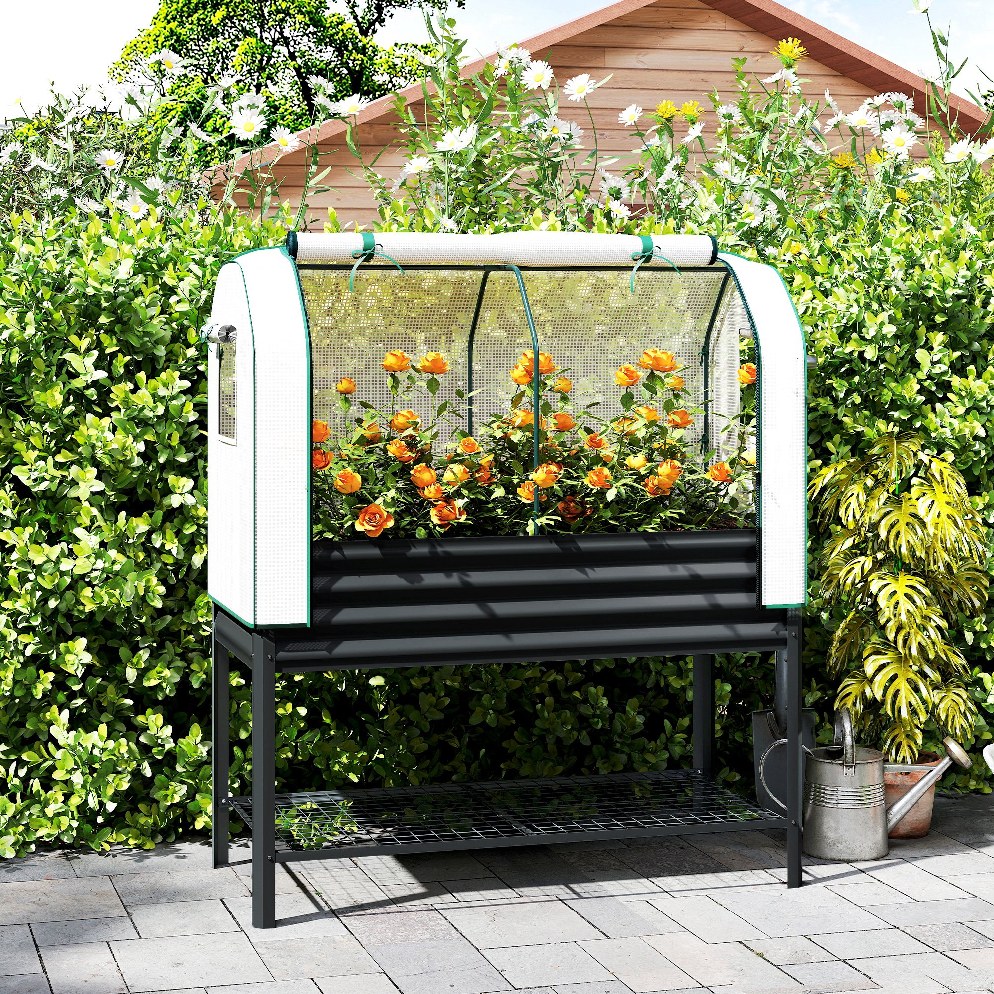  Galvanised Raised Garden Bed with Greenhouse Cover, Metal Elevated Garden Bed with Bed Liner, Bottom Shelf, Black