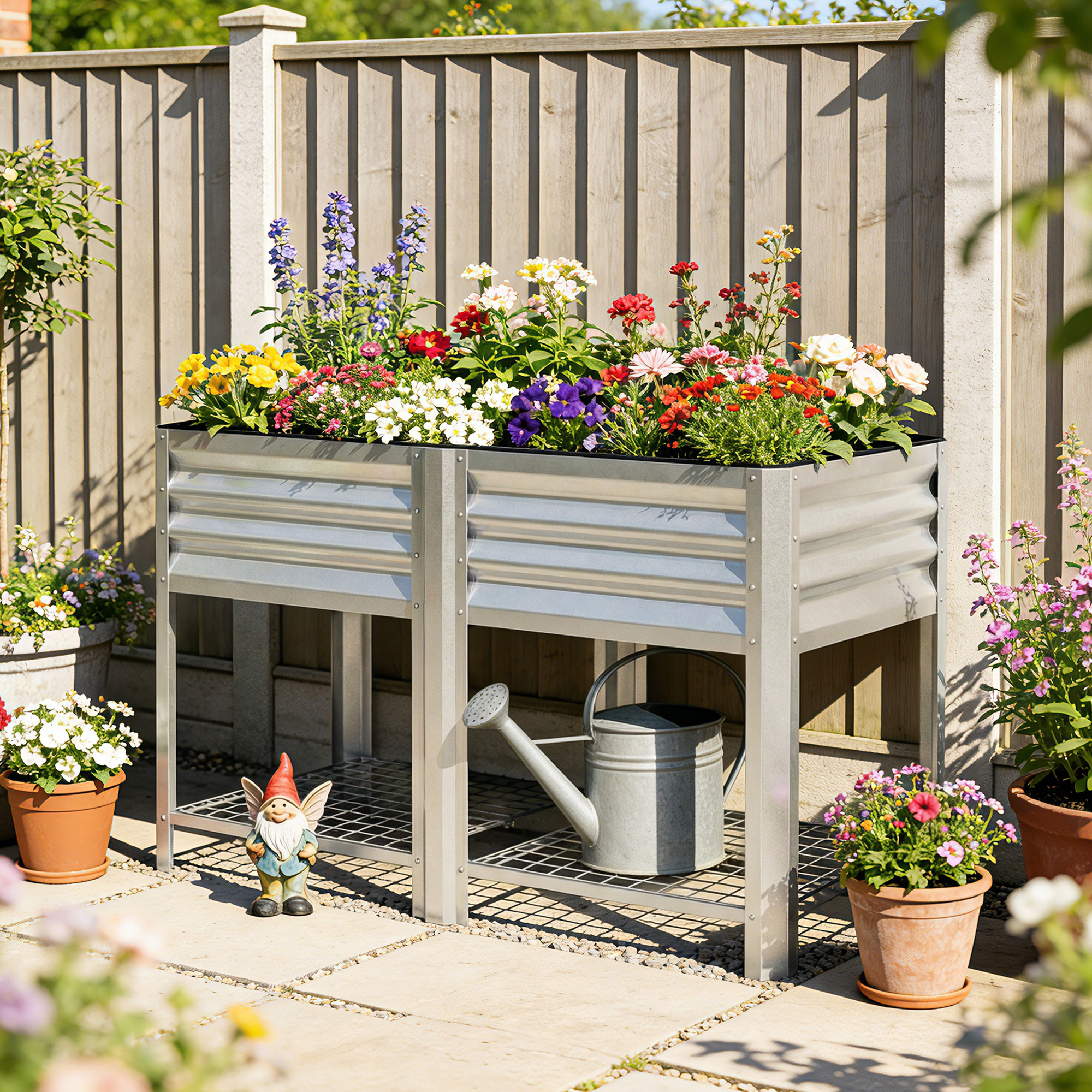 Raised Garden Bed Galvanized Steel, Elevated Planter Box with Storage Shelf, Bed Liner, 31.5" High, Silver