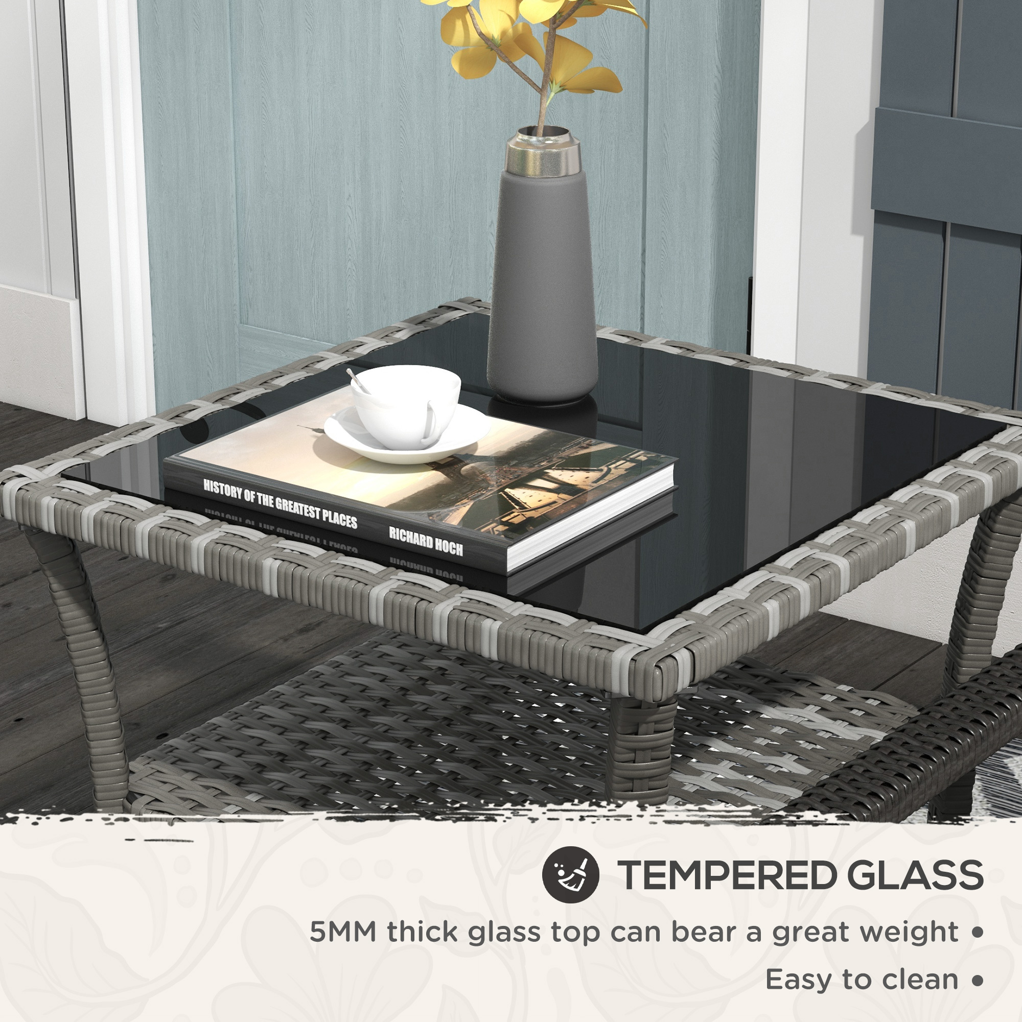  Rattan Side Table, Outdoor End Table with Storage Shelf, Aluminum Frame Square, Coffee Table with Tempered Glass Top, Mixed Gray