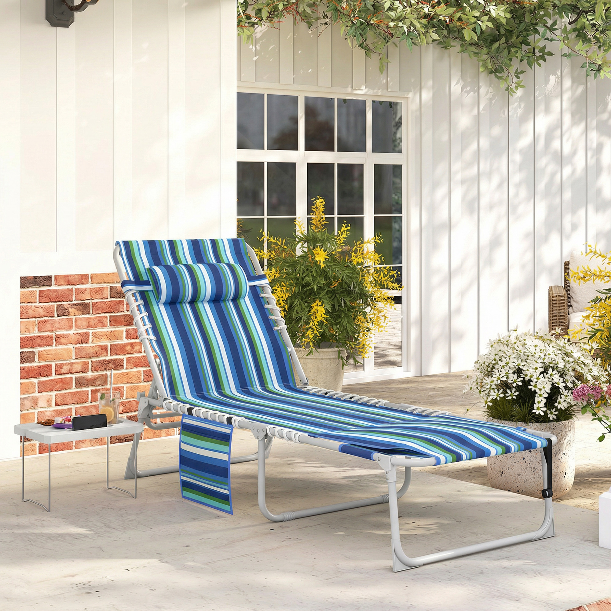  Tanning Chair with Face Hole and Side Table, 5-Position Folding Outdoor Chaise Lounge Chair, Blue Stripe
