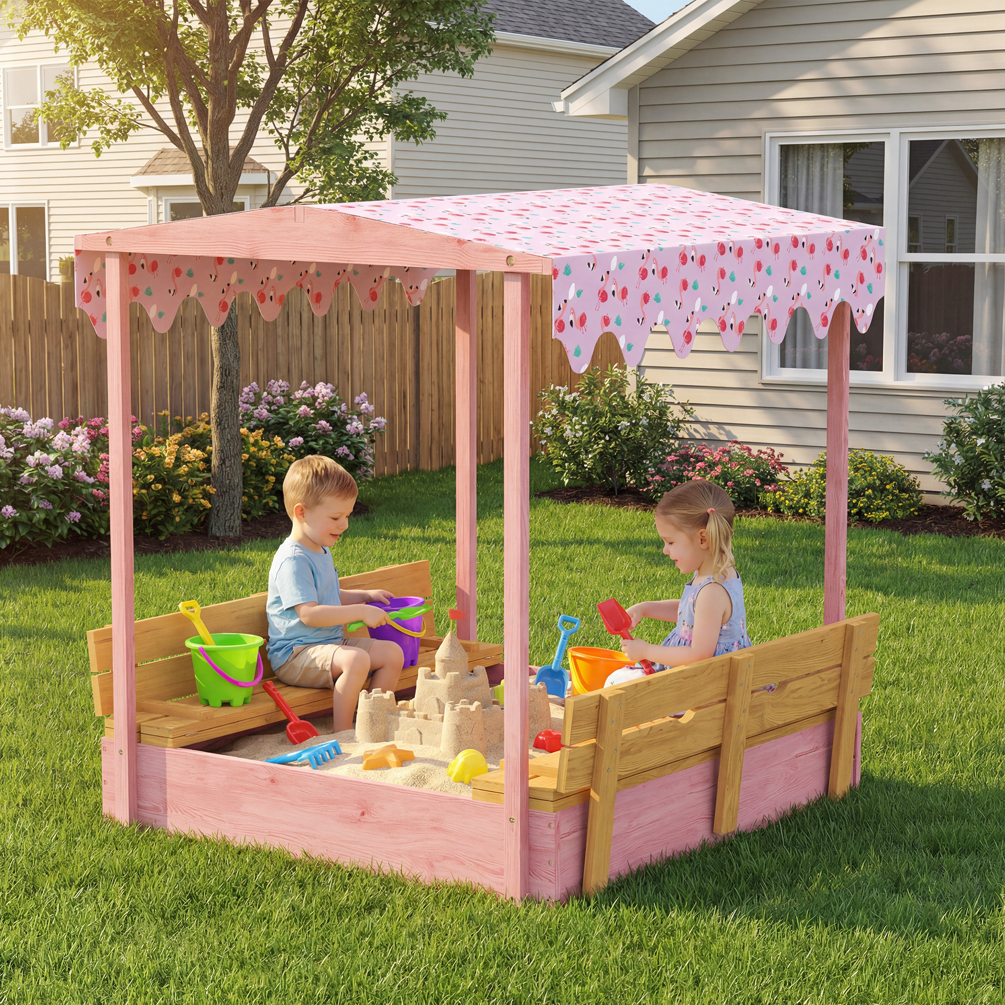 Wooden Sandbox with Cover, Kids Sandbox Outdoor with Seat, Bottom Liner, Canopy for Ages 3-6, Flamingos Print, Pink - Image 1