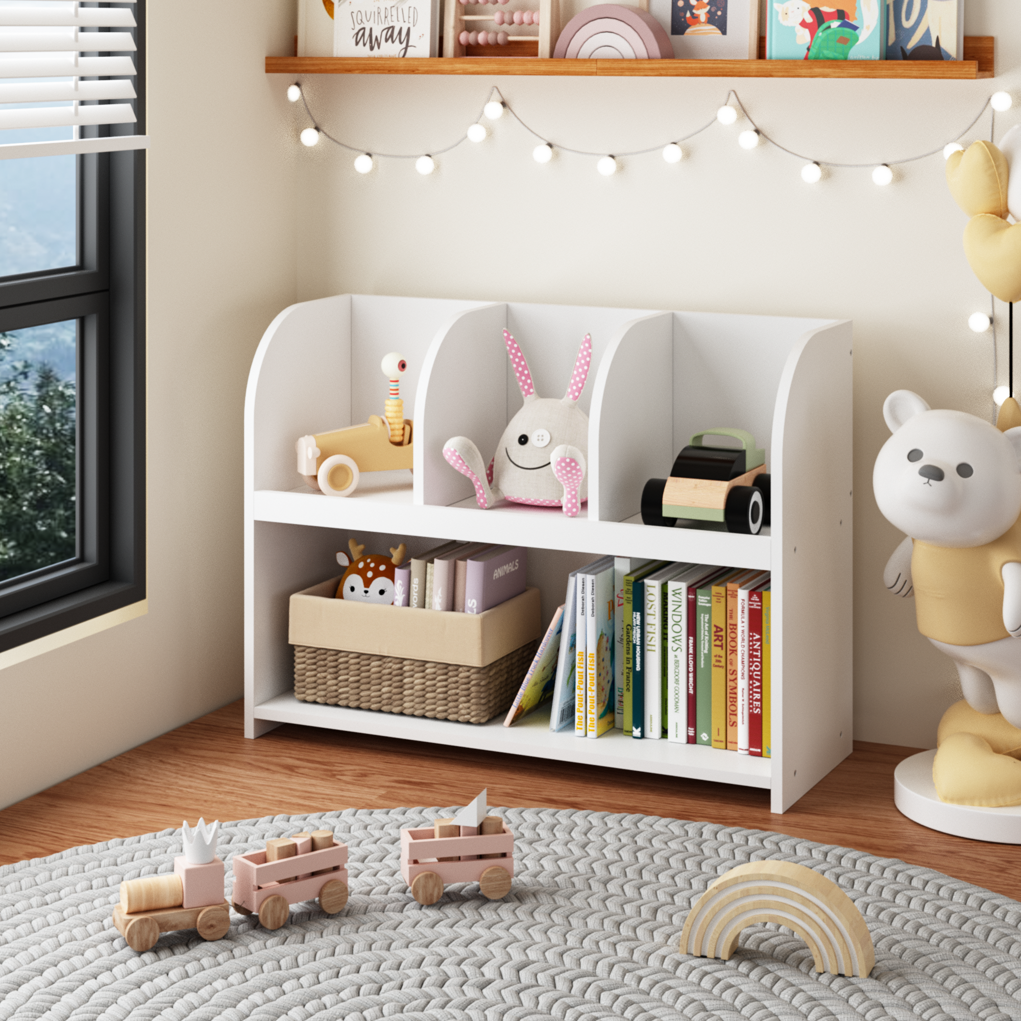 Kids Bookcase With 4 Compartments, Storage Book Shelf, Storage Display, Rack,Toy Organizer For Children's Room, Playroom, Nursery