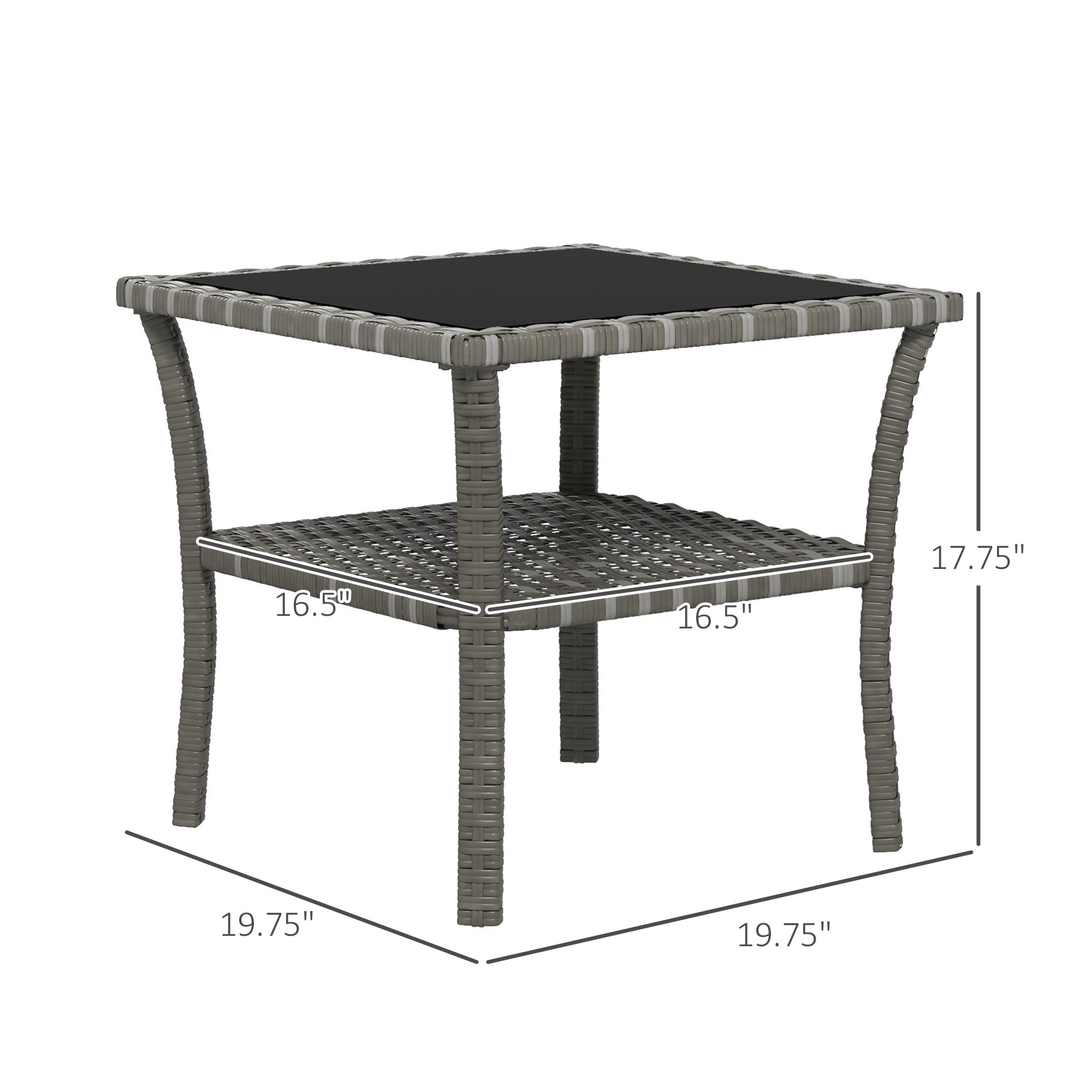  Rattan Side Table, Outdoor End Table with Storage Shelf, Aluminum Frame Square, Coffee Table with Tempered Glass Top, Mixed Gray