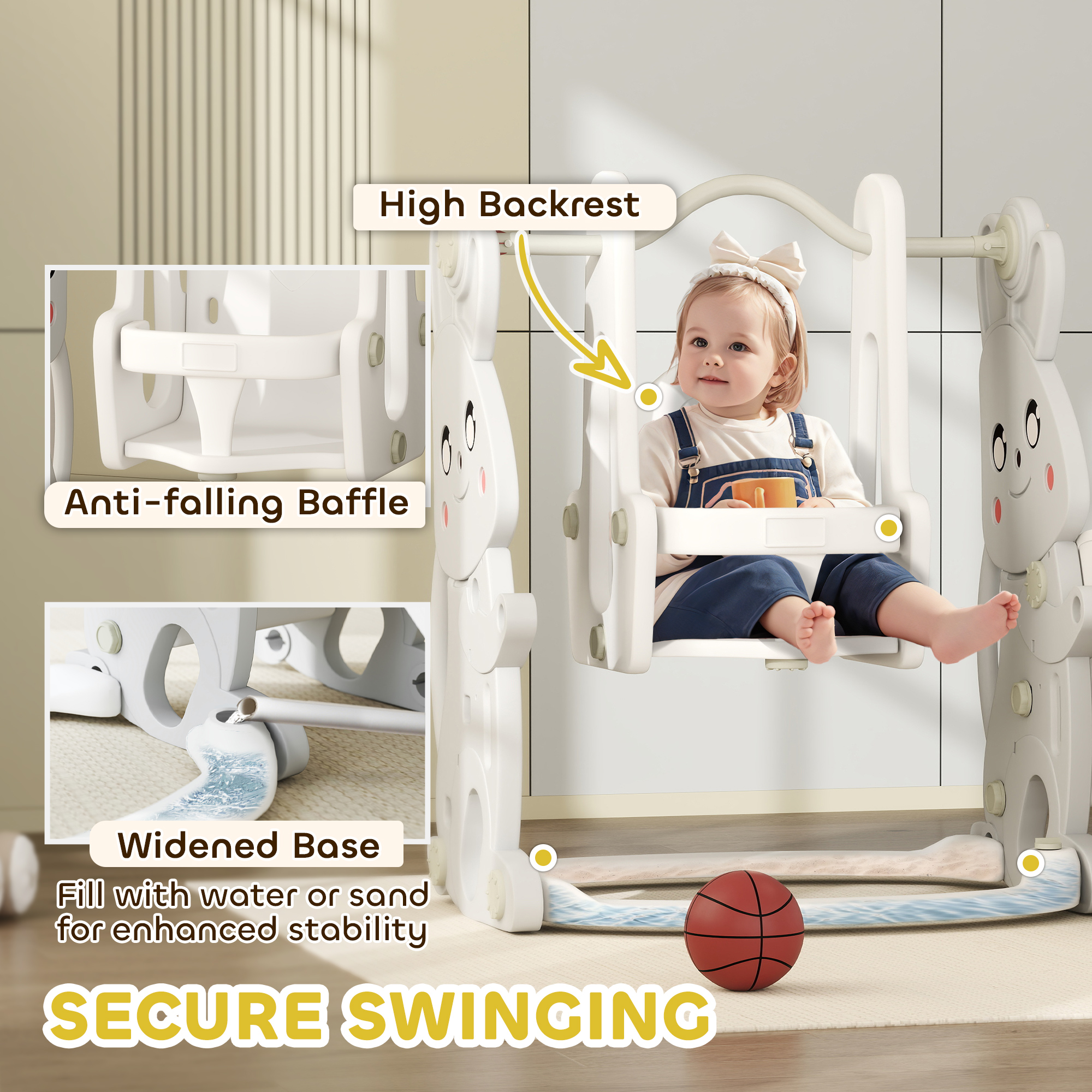 4 in 1 Toddler Slide and Swing Set with Climber, Basketball Hoop, Rabbit Themed Kids Playset for Ages 1.5-4, Gray