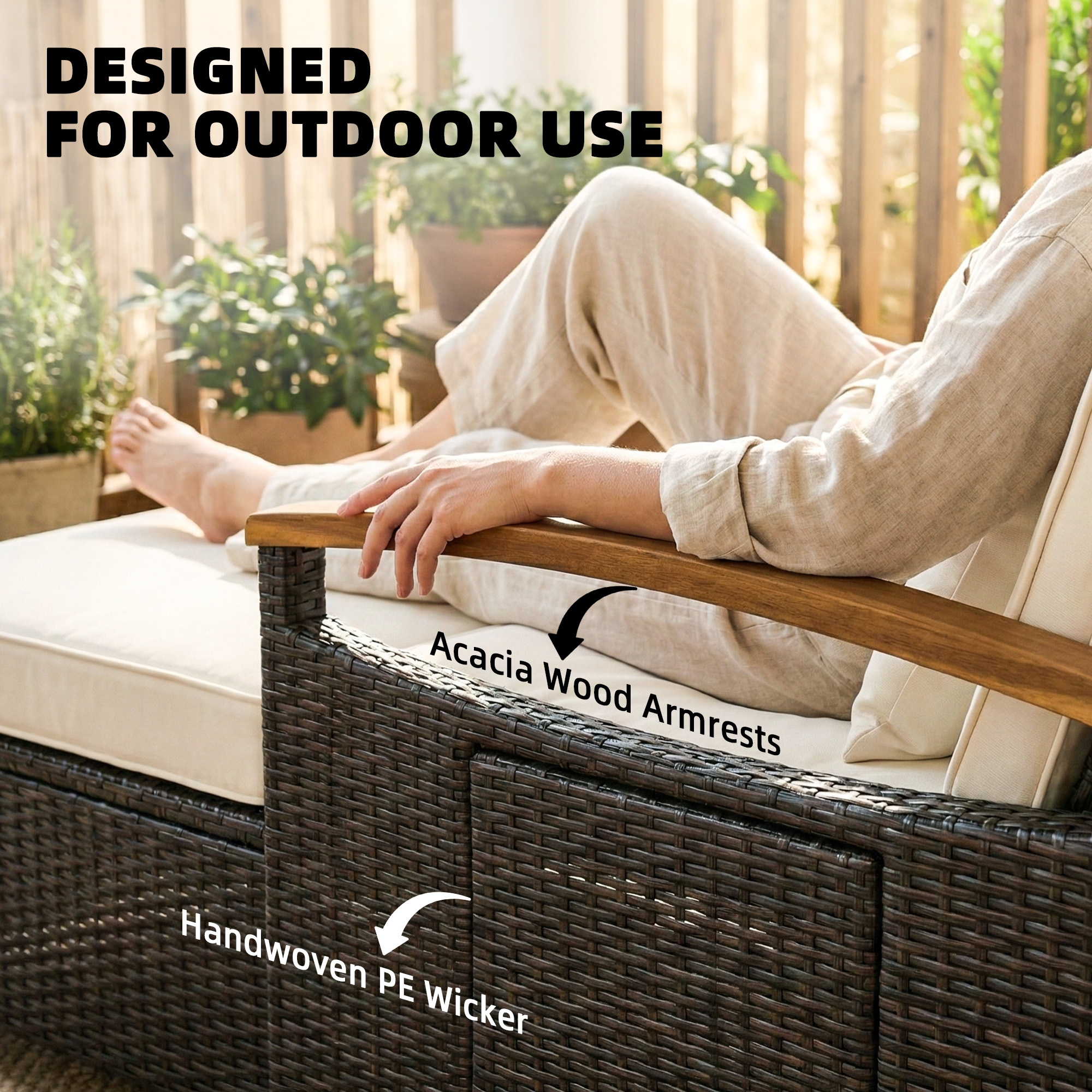  Rattan Outdoor Daybed w/4-Level Adjustable Backrest, Patio Sofa Bed w/Storage Ottoman, Acacia Wood Armrest, Beige