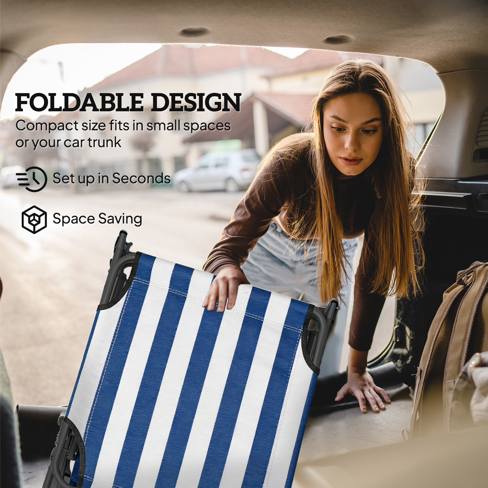  Portable Folding Adjustable Sun Beach Lounger / Camping Cot - Blue and White