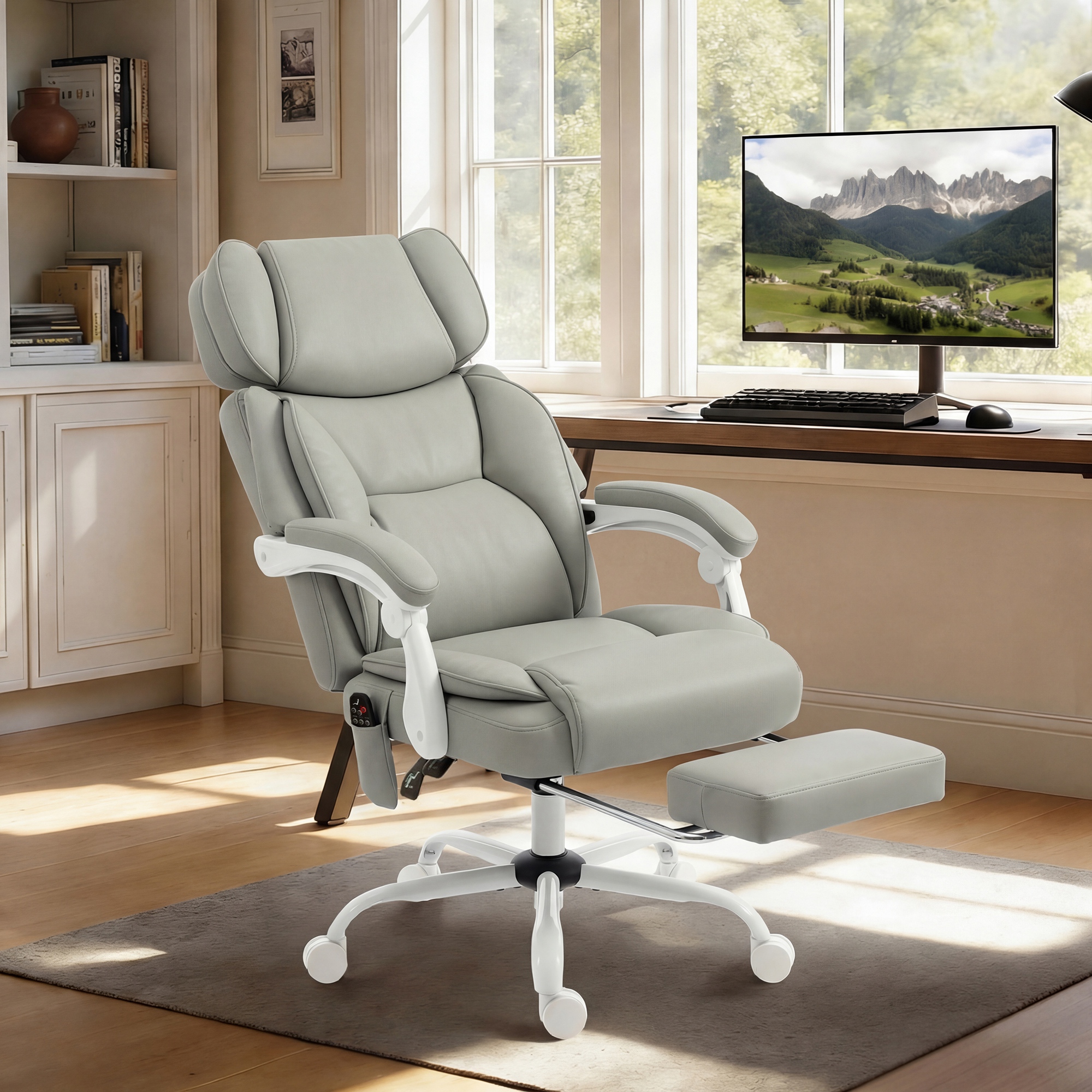 High Back Vibration Massage Office Chair Heated Reclining Computer Chair w/ Footrest, Swivel Wheels, Remote, Light Gray