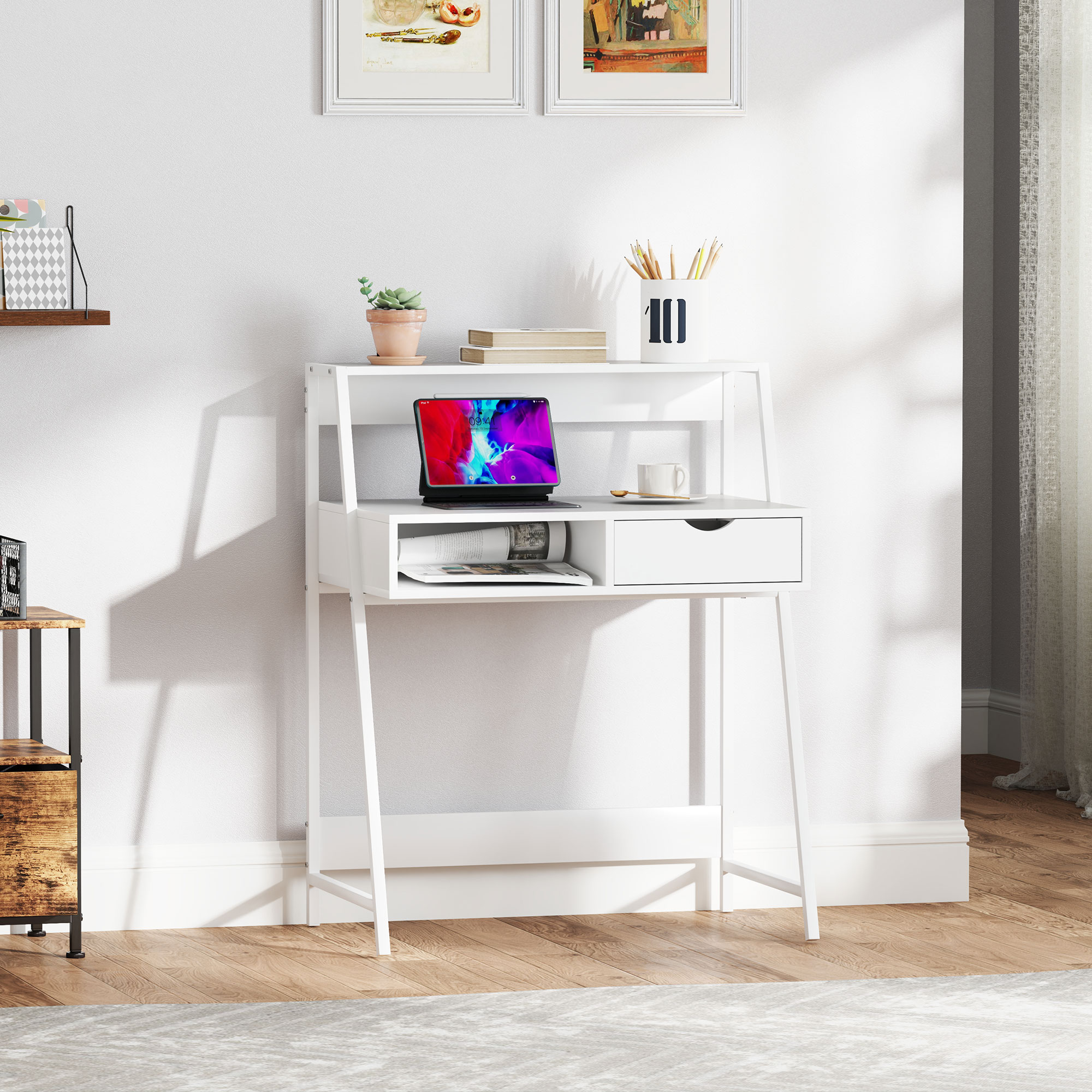  Home Office desk, Computer Desk for Small Spaces, Study Table with Drawer and Storage Shelves, White