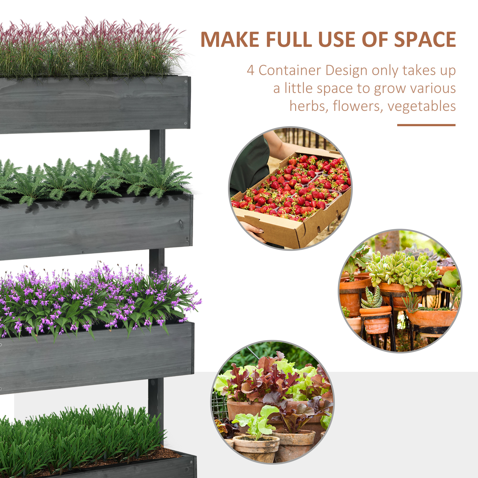  Outdoor Wooden Vertical Garden Planter, 4 Tier Planter Box, Self-Draining for Flowers, Vegetables, Herbs, Gray