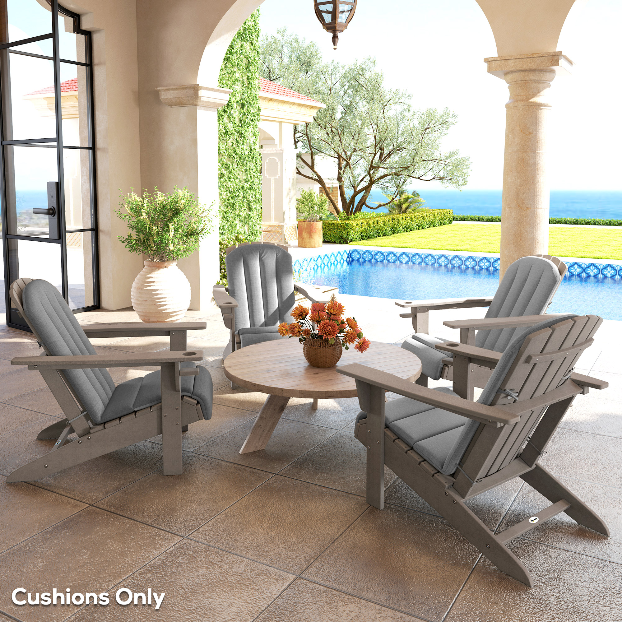  Set of 4 Outdoor Chair Cushions, High Back Adirondack Chair Cushion with Ties, High-Density Foam, Gray