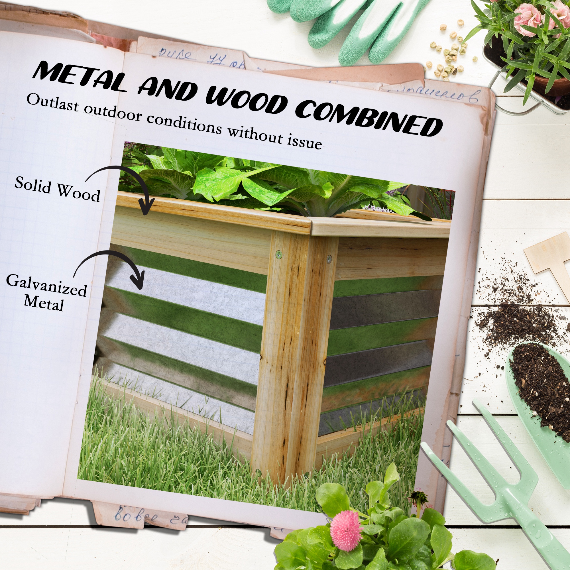  Raised Garden Bed, Planter Box, Metal and Wood Combined, for Growing Flowers, Herbs and Vegetables