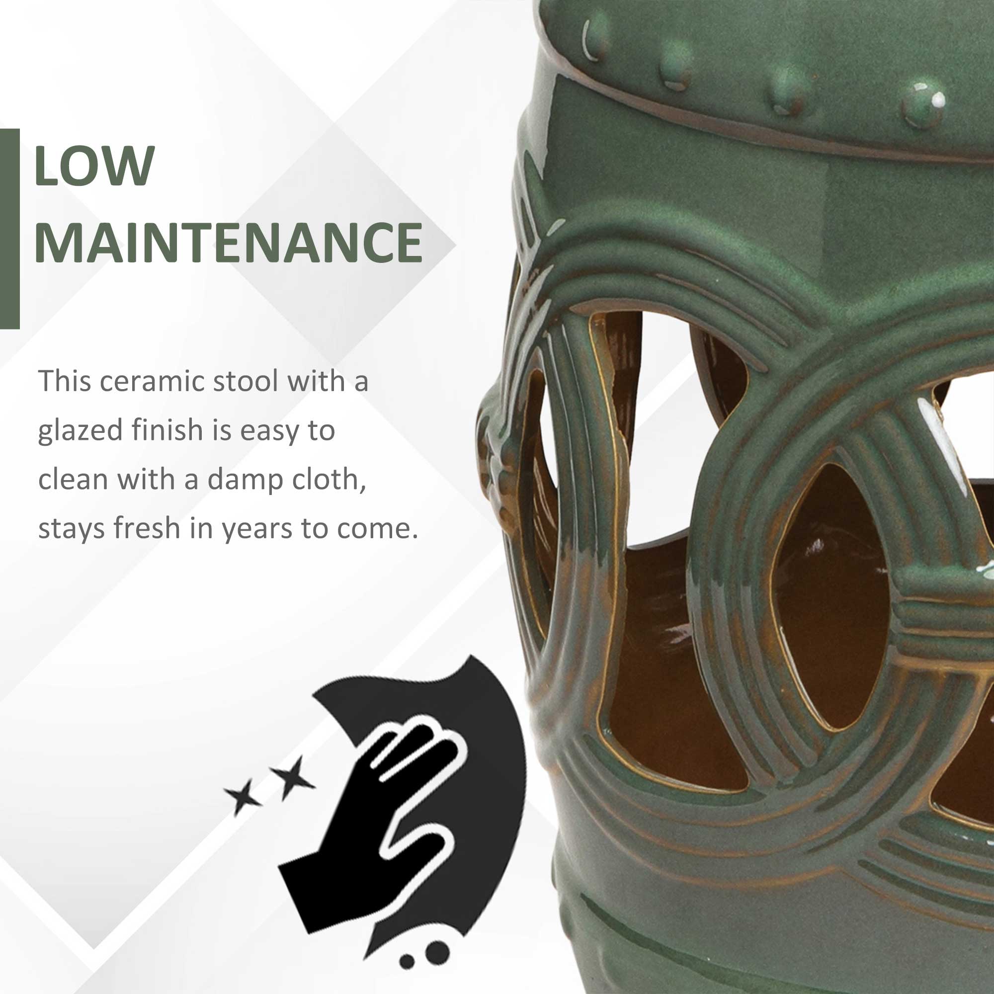  14" x 17" Ceramic Garden Stool with Double-Coin Knotted Ring Design & Strong Glazed Material, Decorative Outdoor Stool, Home Collection, Green