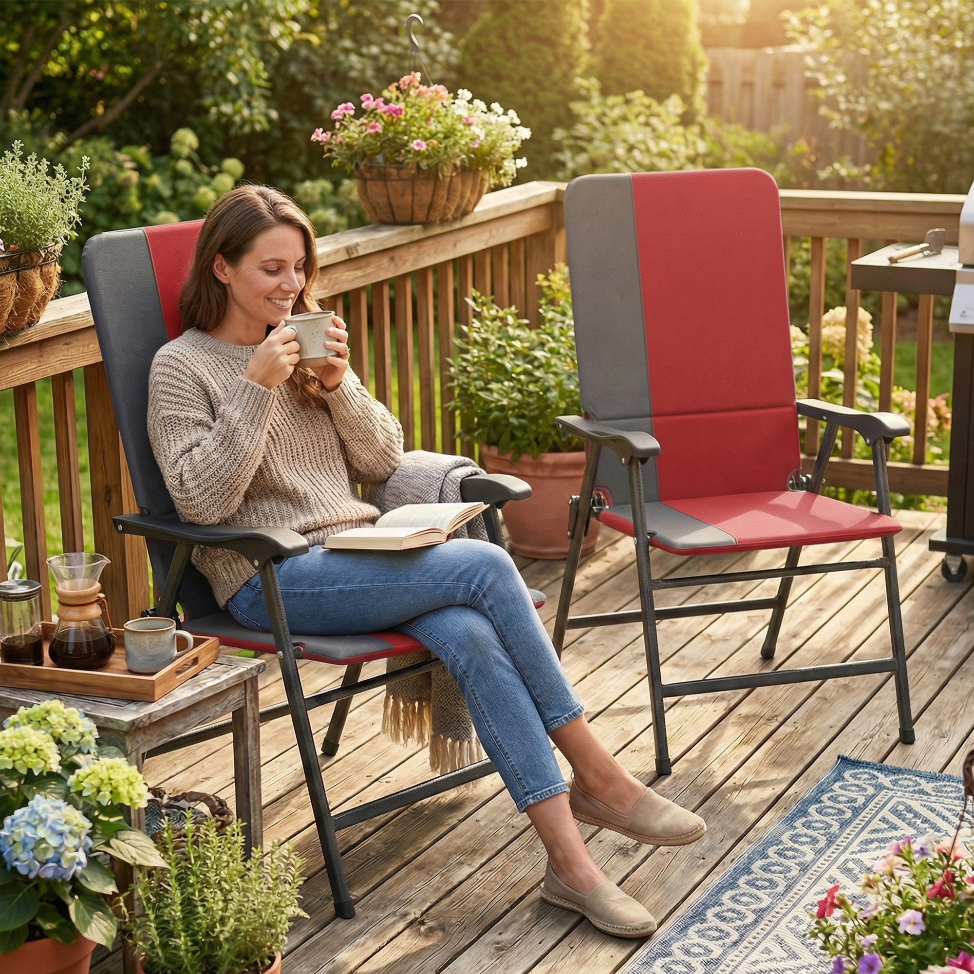  Folding Patio Chairs Set of 2, Padded High Back Lawn Camping Chairs with Armrests, 600D Oxford Fabric, Red
