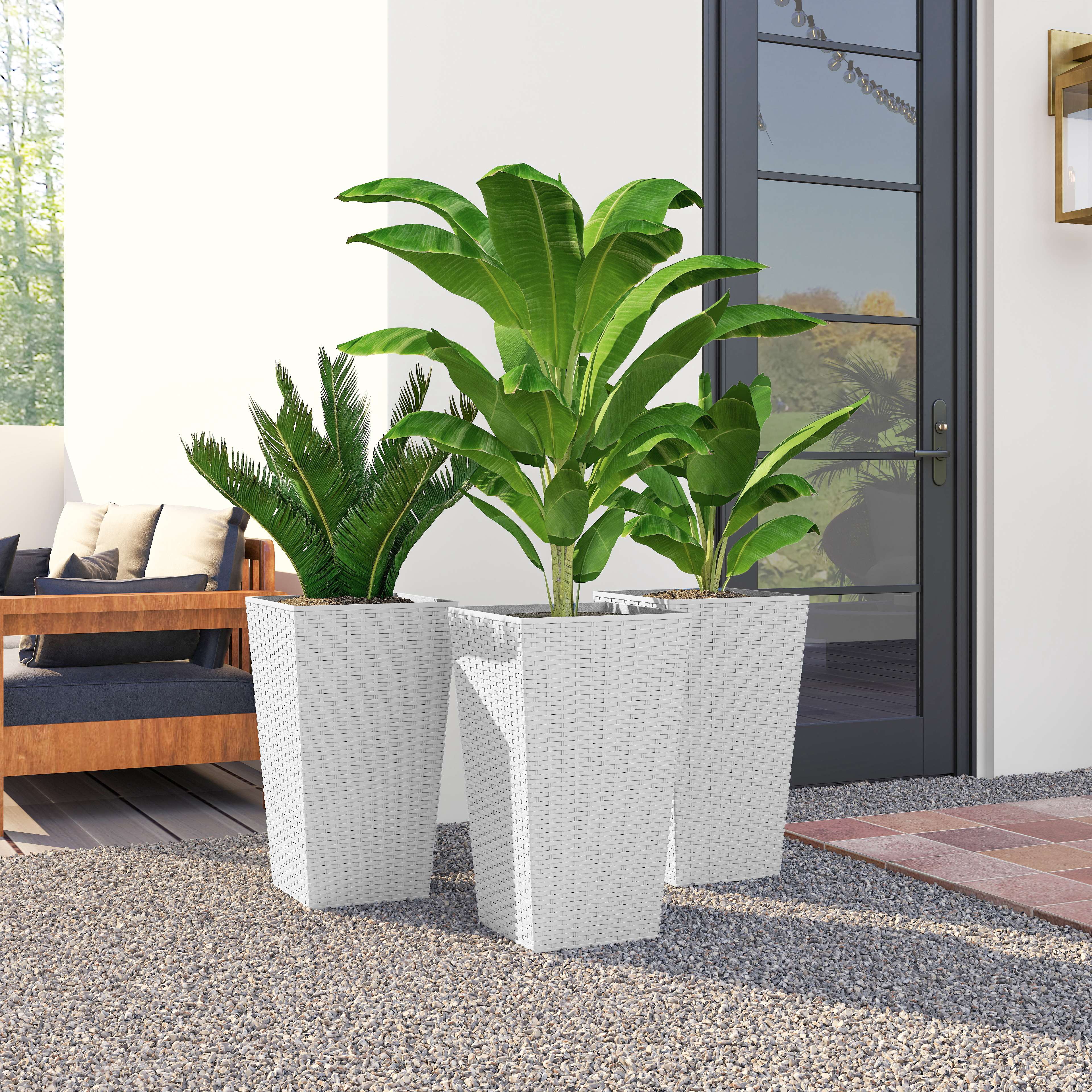  Tall Planters for Outdoor Plants Set of 3, 24 In Taper Planters with Drainage Holes, Rattan Decor Plant Pots, White