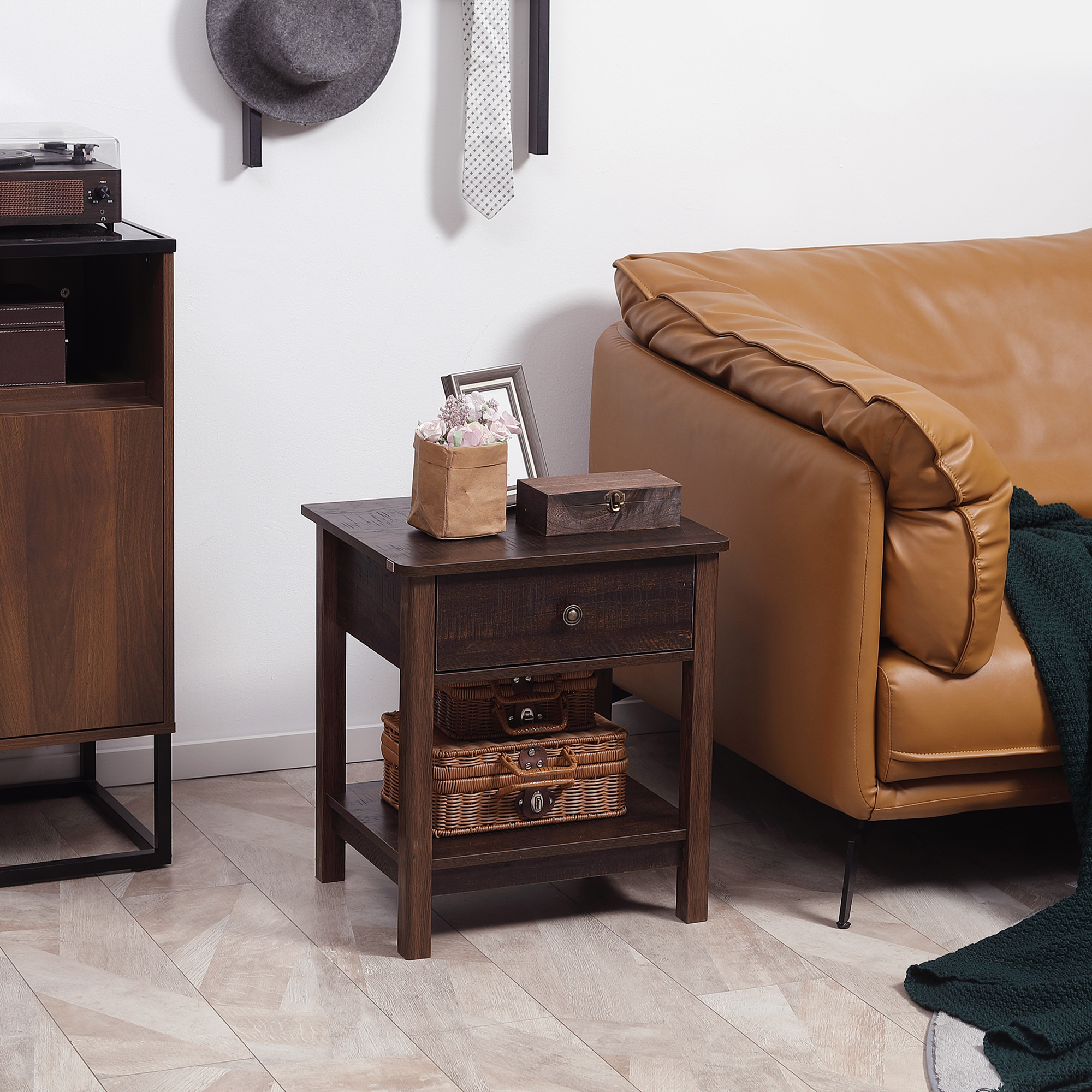 End Table with Drawer, Side Table with Top and Bottom Shelf for Small Spaces, Dark Brown - imagen 1