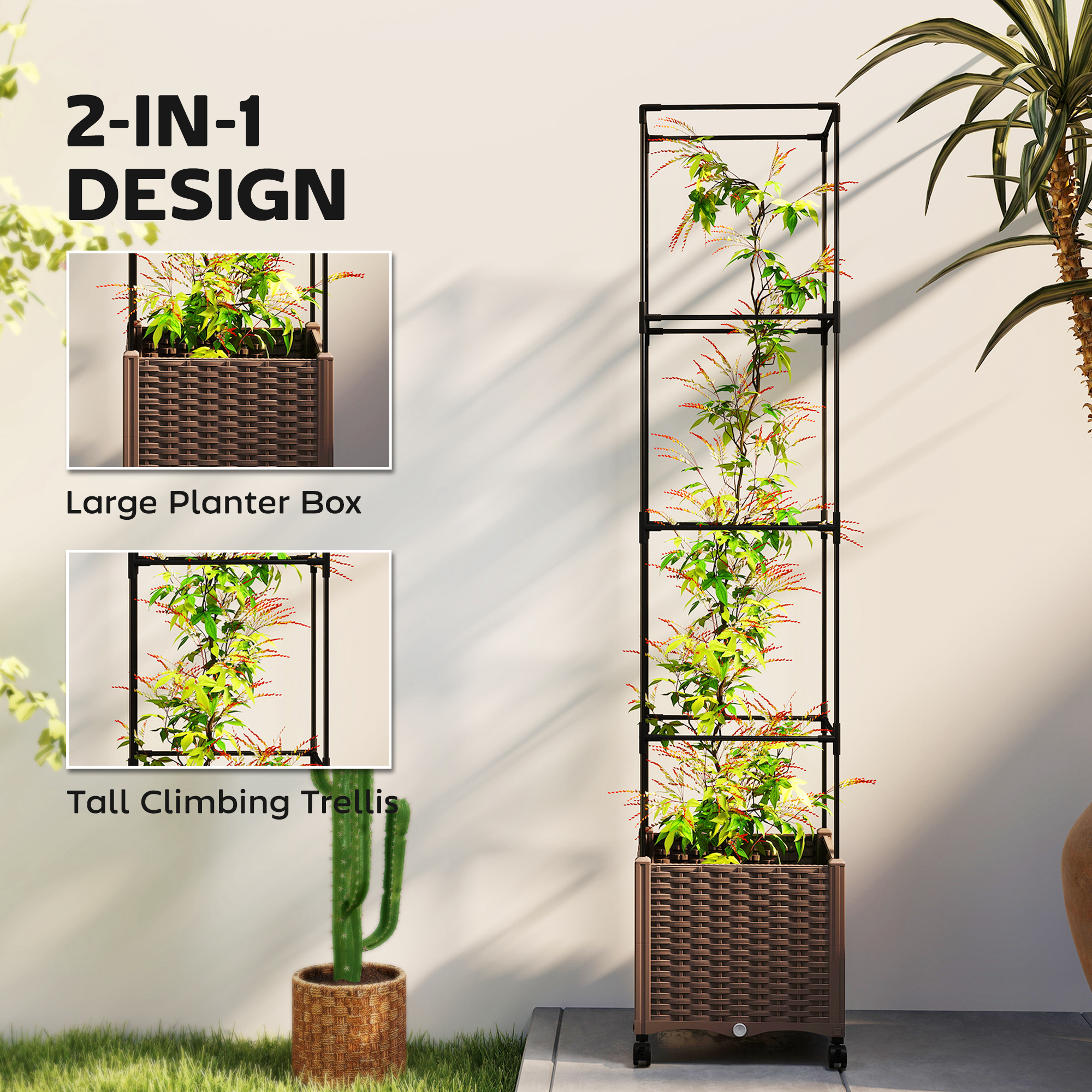  Raised Garden Bed with Trellis, Tomato Cage with Lockable Wheels, Self Watering Planter Box with Drainage Holes, Brown