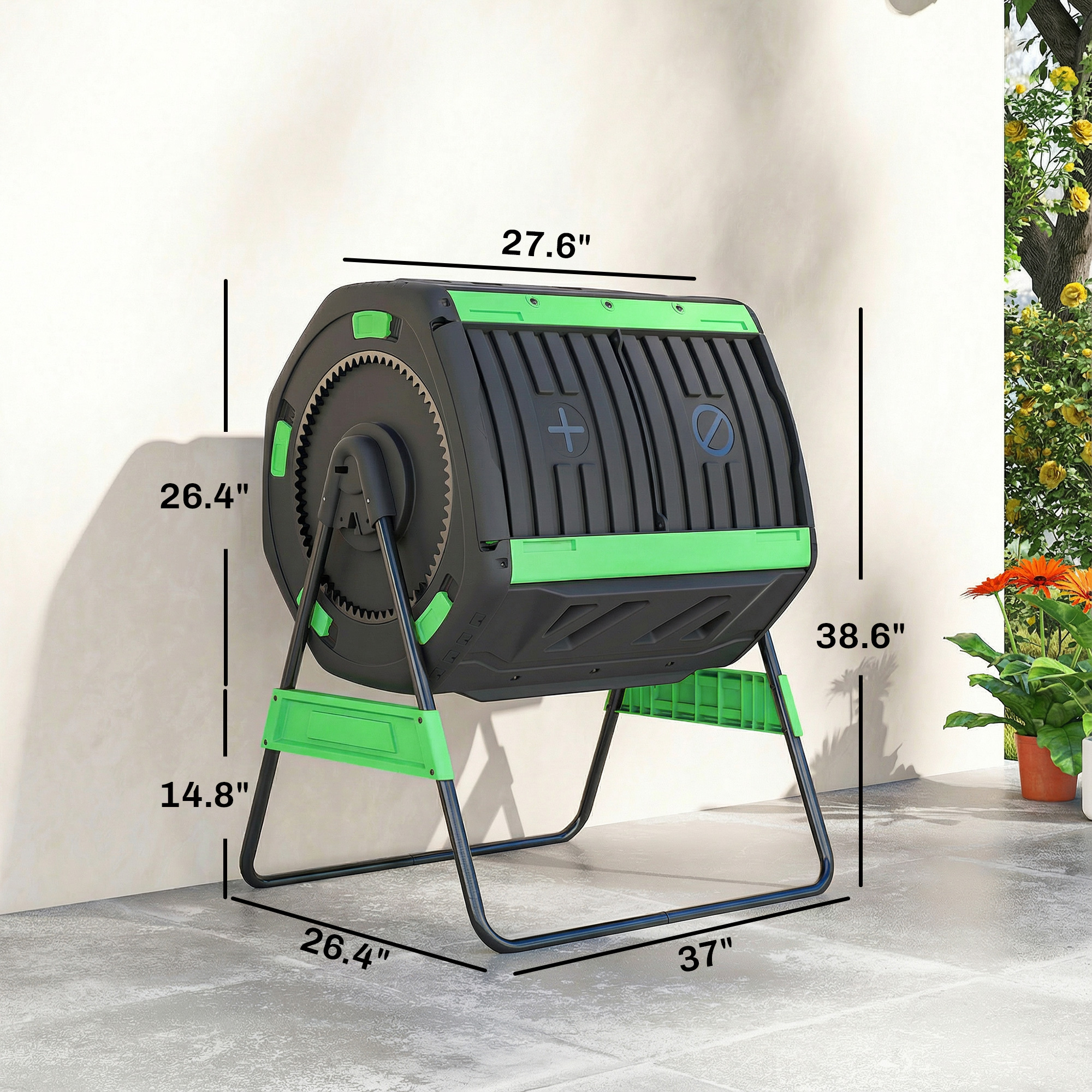  Compost Bin Outdoor, 53 Gal Dual Chamber Tumbling Composter with Adjustable Vents, BPA Free Tumbling Composter, Green