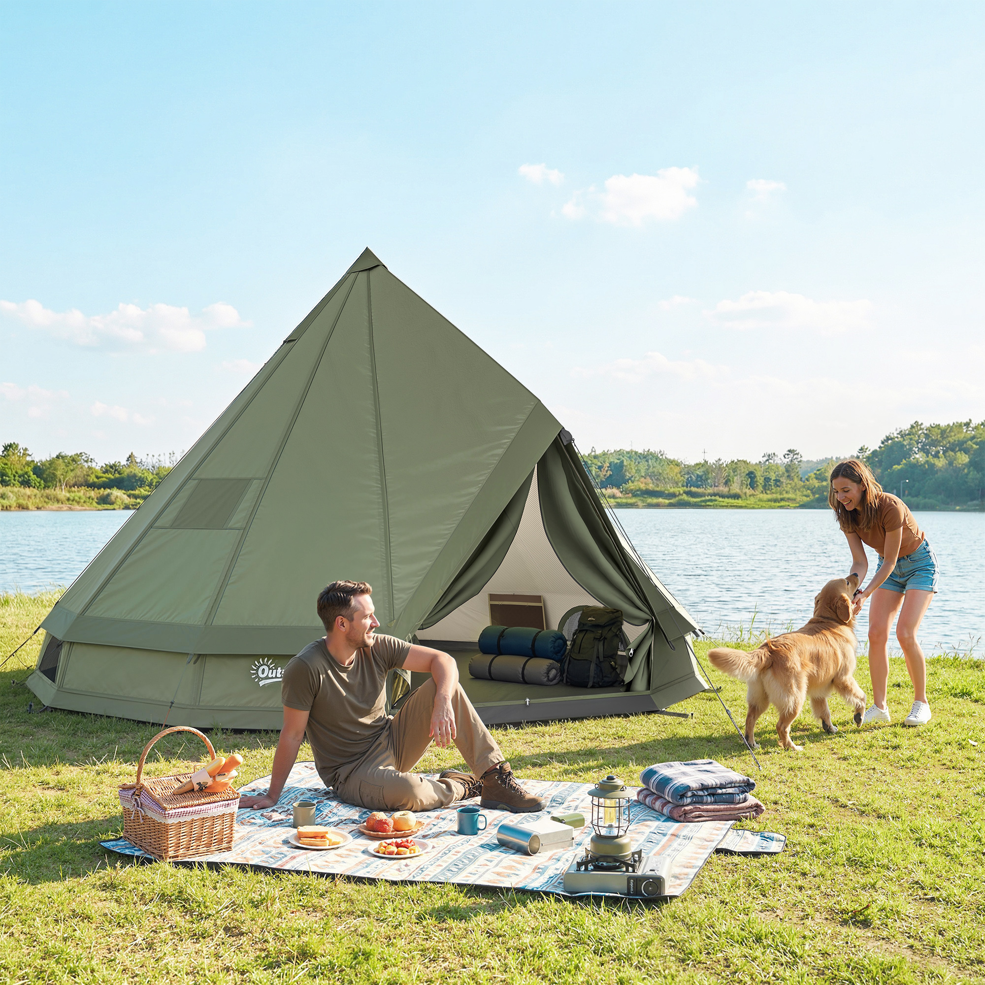Teepee Tent Waterproof Camping Tent with Stove Jack for 4-6 People for Outdoor Camping Hiking Army Green