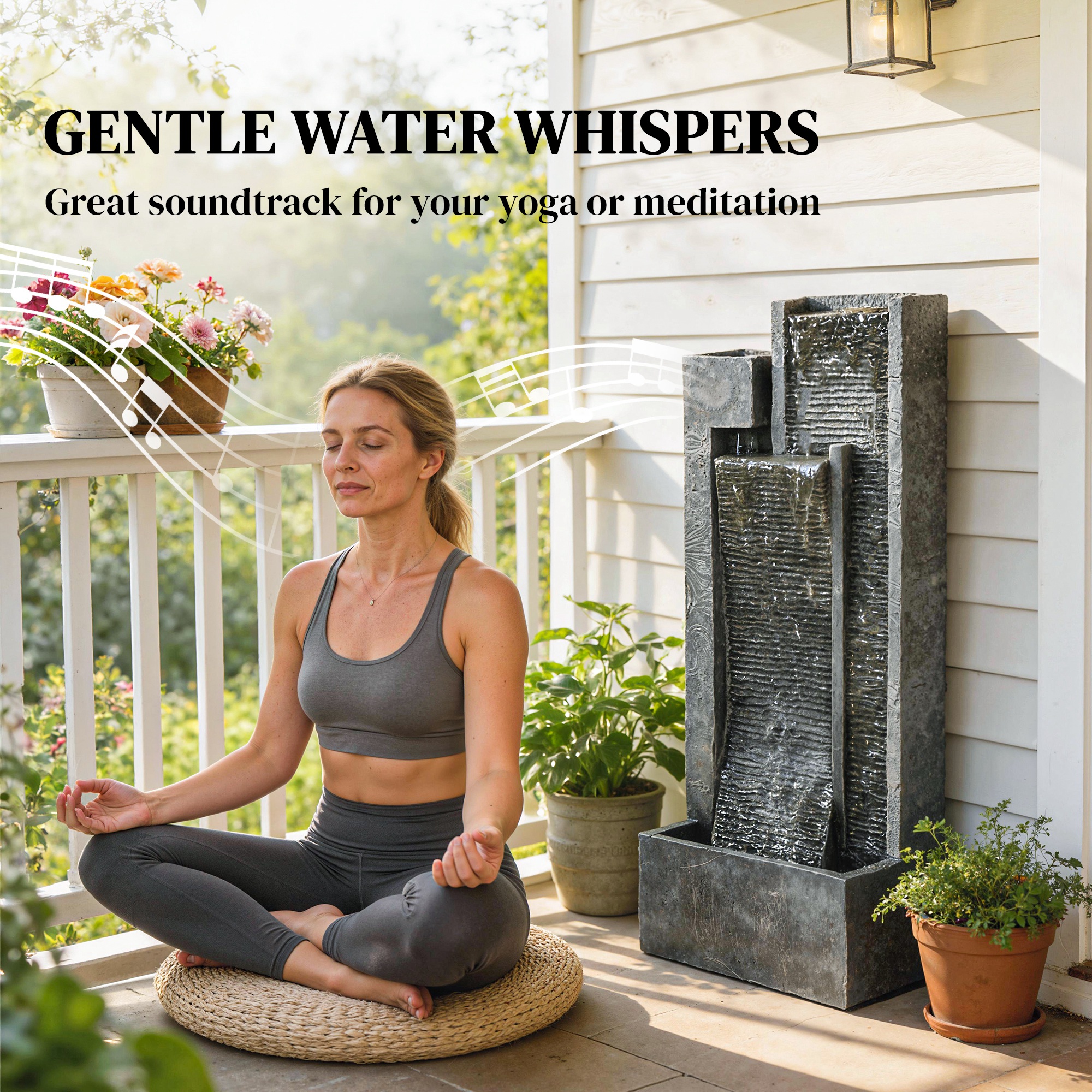  40" Tall Outdoor Waterfall Fountain with LED Lights and Planter, 3-Tier Cascading Waterfall Feature with Pump, Dark Gray