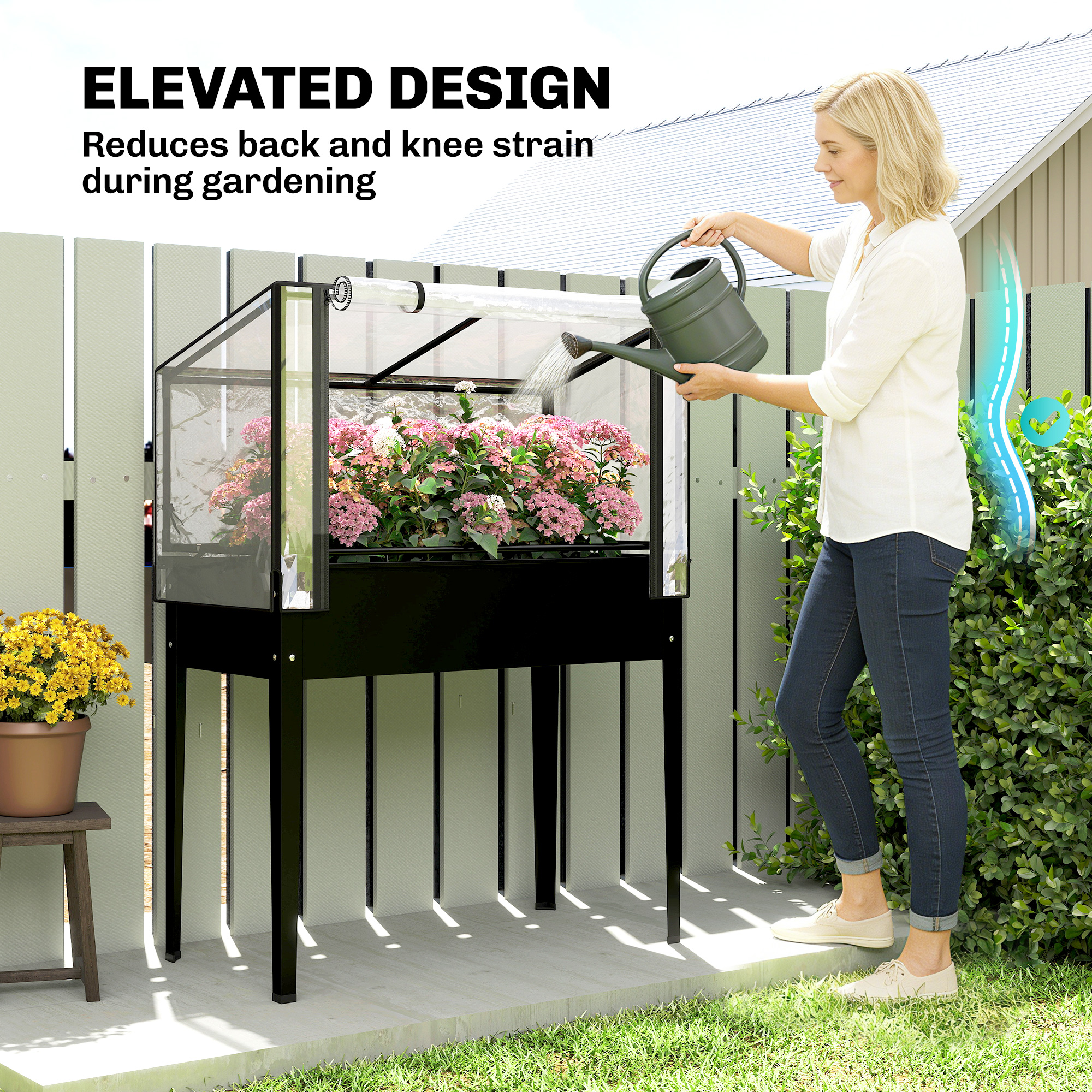  Raised Garden Bed with Flip-Up Greenhouse Cover, Metal Elevated Garden Bed with Legs and Drainage Hole, Black