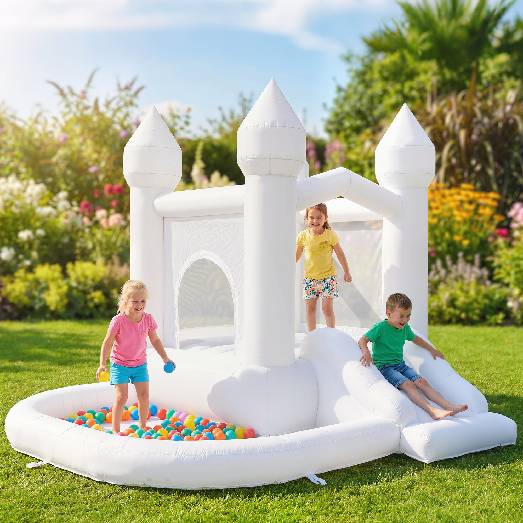 Inflatable Bounce House, 3-in-1 White Castle Bouncy House with Slide, Ball Pit and 370W Blower for Kids Ages 3-8, White - Image 1