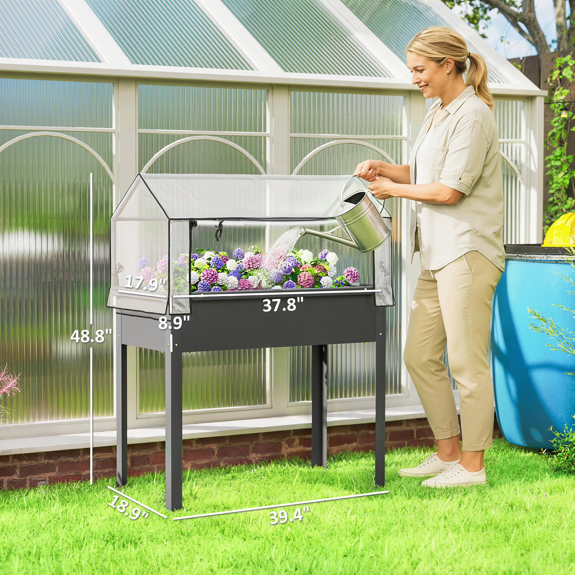  Elevated Garden Box with Greenhouse Cover, Raised Garden Bed with Legs and Drainage Hole for Vegetables, Dark Gray