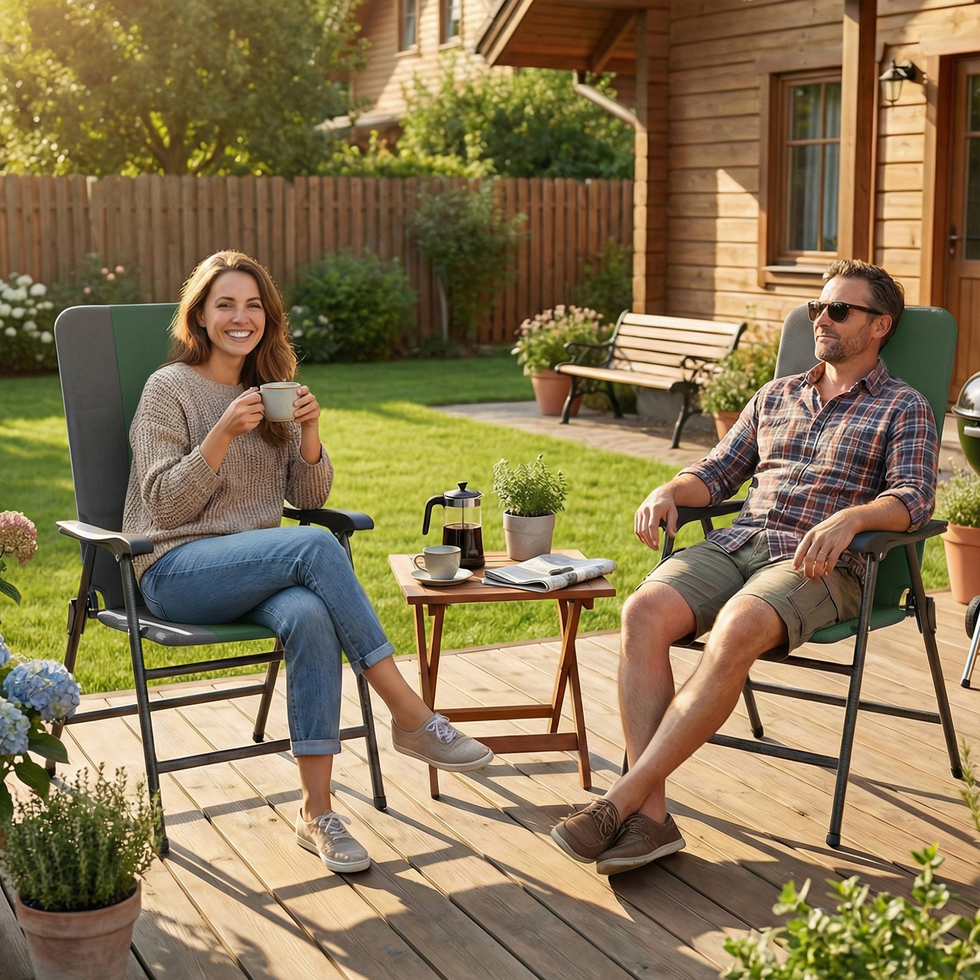  Folding Patio Chairs Set of 2, Padded High Back Lawn Camping Chairs with Armrests, 600D Oxford Fabric, Dark Green