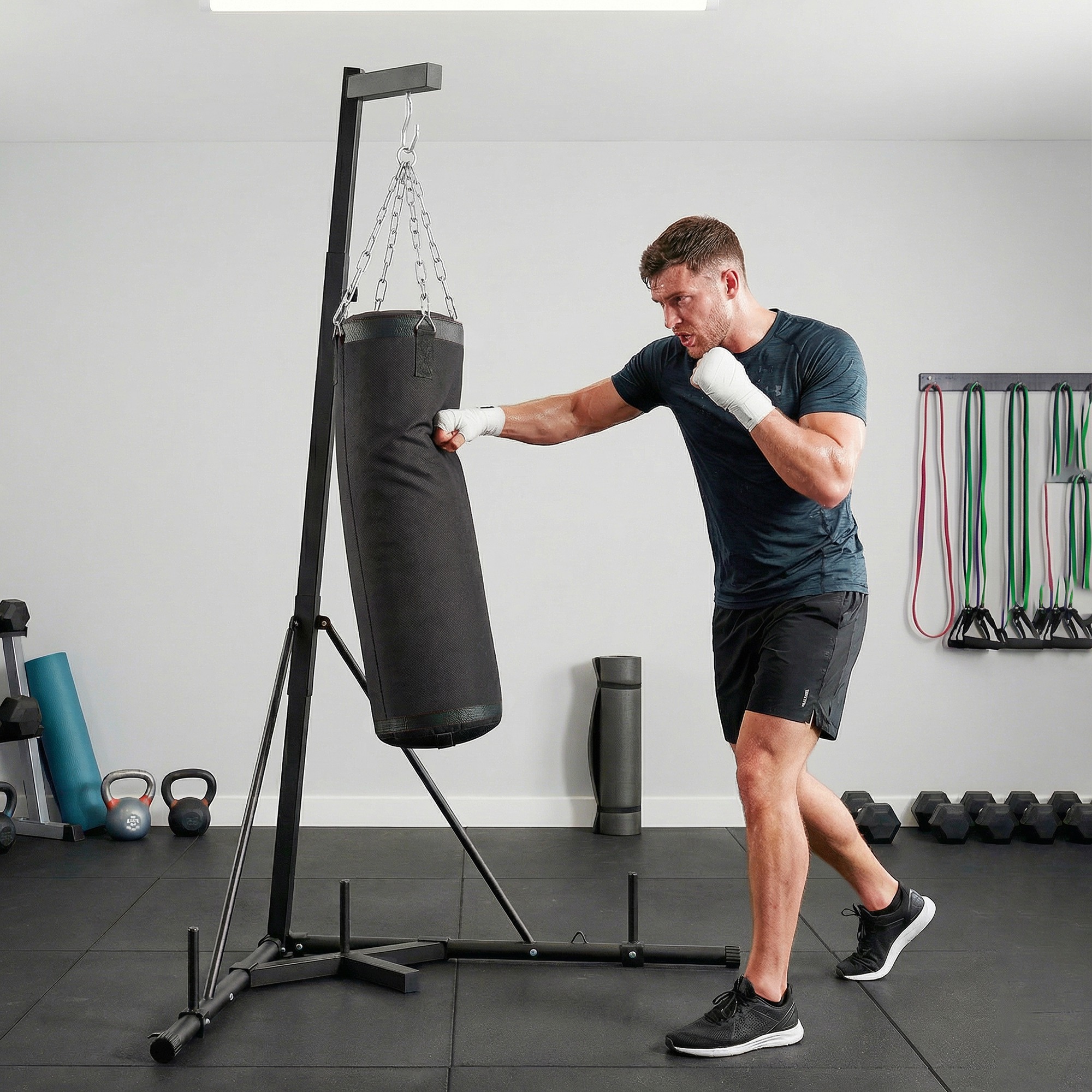 Punching Bag with Stand for Adults, 72.8"-90.9" Height Adjustable Freestanding Boxing Stand with Canvas Sandbag, Black
